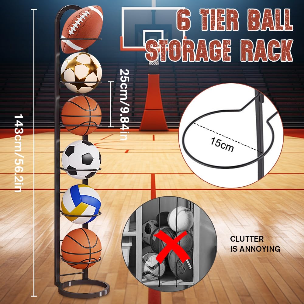 Support Ballon Basket Vertical 6 Niveaux, Range-Ballons Amovible pour Basketball Football