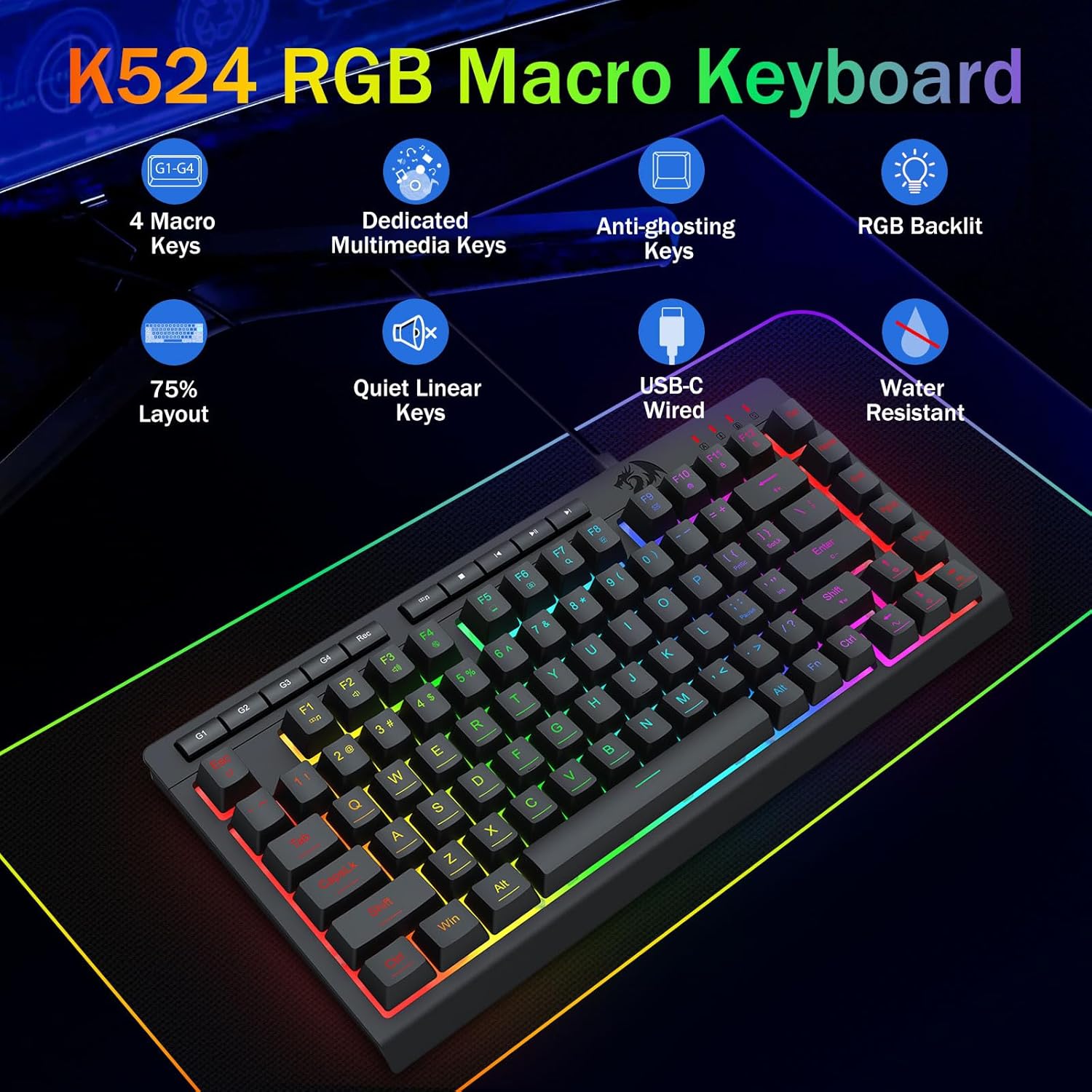 Redragon K524 Wired Gaming Keyboard,RGB Backlit, Dedicated Macro Keys and Multimedia Keys, Anti-ghosting, Spill Resistant, Programmable 75% Portable Quiet Membrane for Win/MAC/PS/Xbox