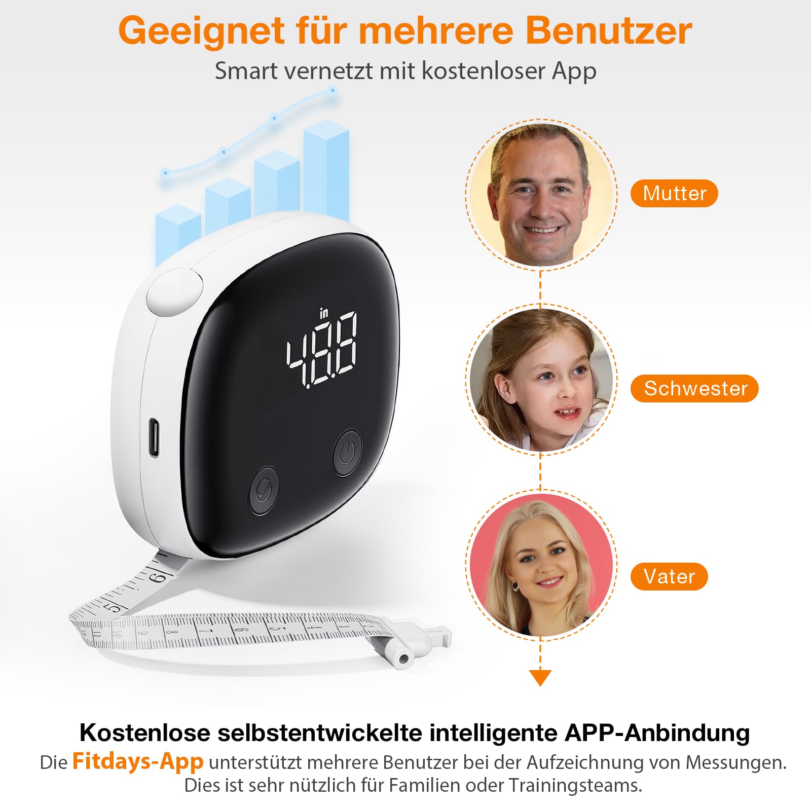 Smart Body-Maßband, Bluetooth-Maßband, Fitdays-App-Überwachung, Körpermaßband LED HD Vollbild für Fitness, Formgebung, Gewichtsabnahme und Aufzeichnung des Körperumfangs in cm oder zoll