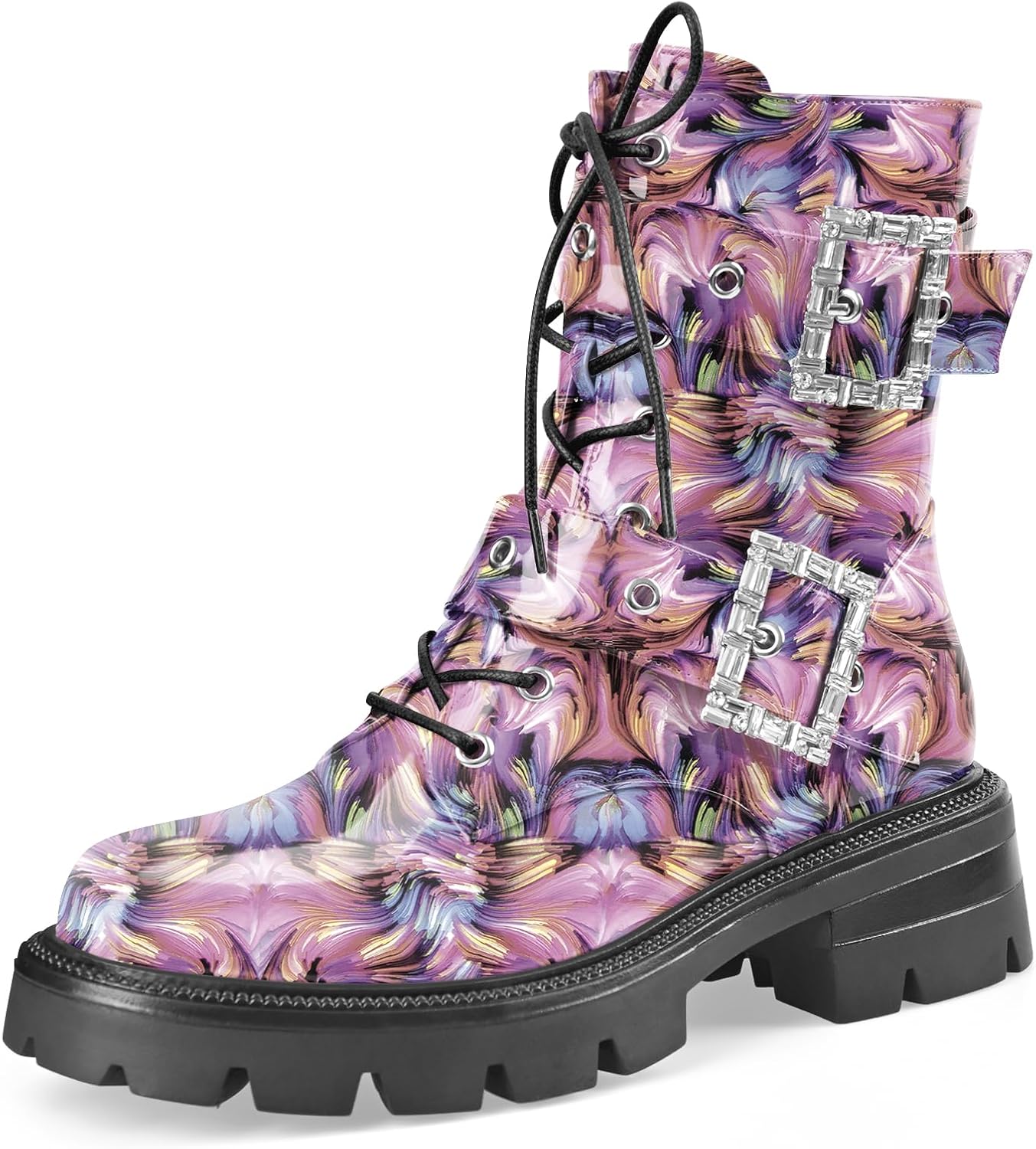 Women's Leather Platform Lug Sole Low Chunky Heel Combat Boots Lace Up Buckles Zipper Fashion Ankle Booties