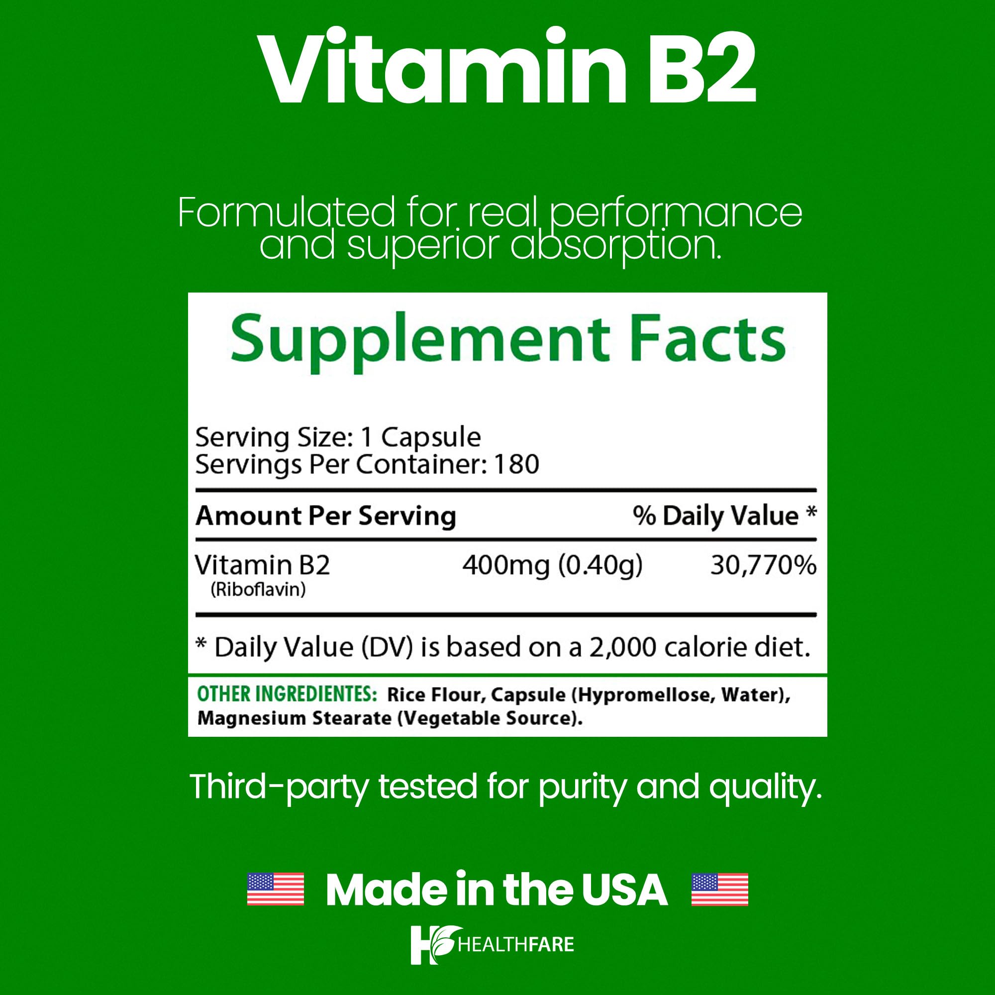 Healthfare Vitamin B2 Riboflavin 400mg | 180 Vegan Capsules | High Potency | Non-GMO | Gluten-Free | Made in USA — Amazon image 3