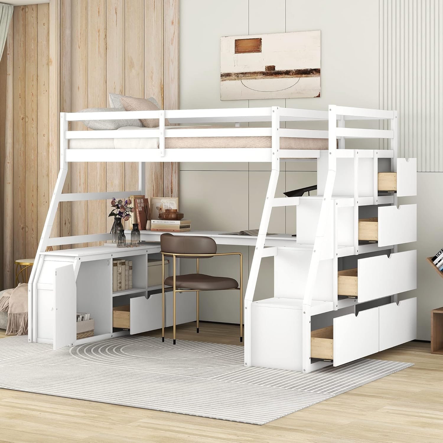 Fully assembled MERITLINE Twin Loft Bed in white, featuring a top bunk, an L-shaped desk underneath, and a staircase with integrated storage drawers.