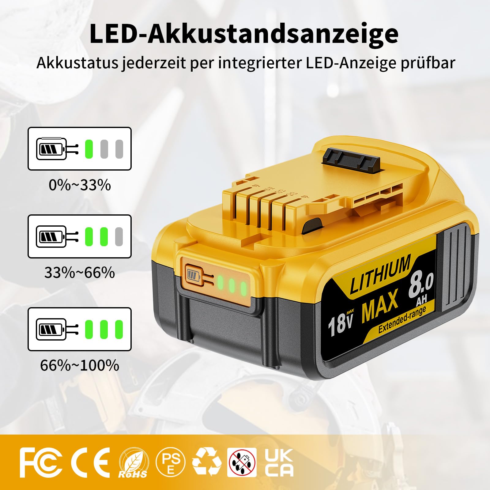 2 X 8000mAh for Dewalt Akku 18V, Ersatzakku für Dewalt 18 Volt XR Serie
