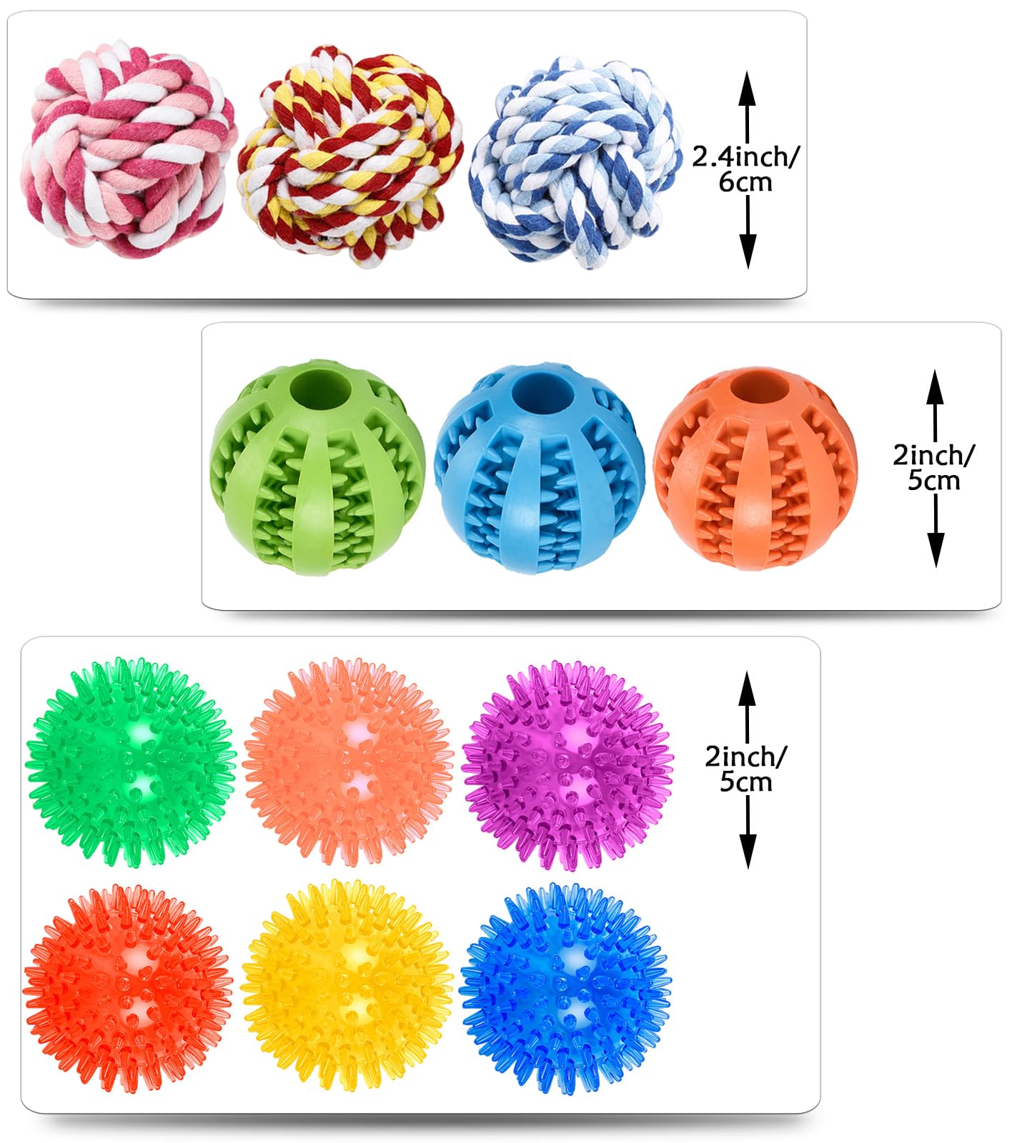 Hundespielzeugbälle für kleine Hunde, 12er-Pack interaktives Hundespielzeug für kleine Rassen von 0–7 kg, inklusive Gummi-, Quietsch- und Seilbällen