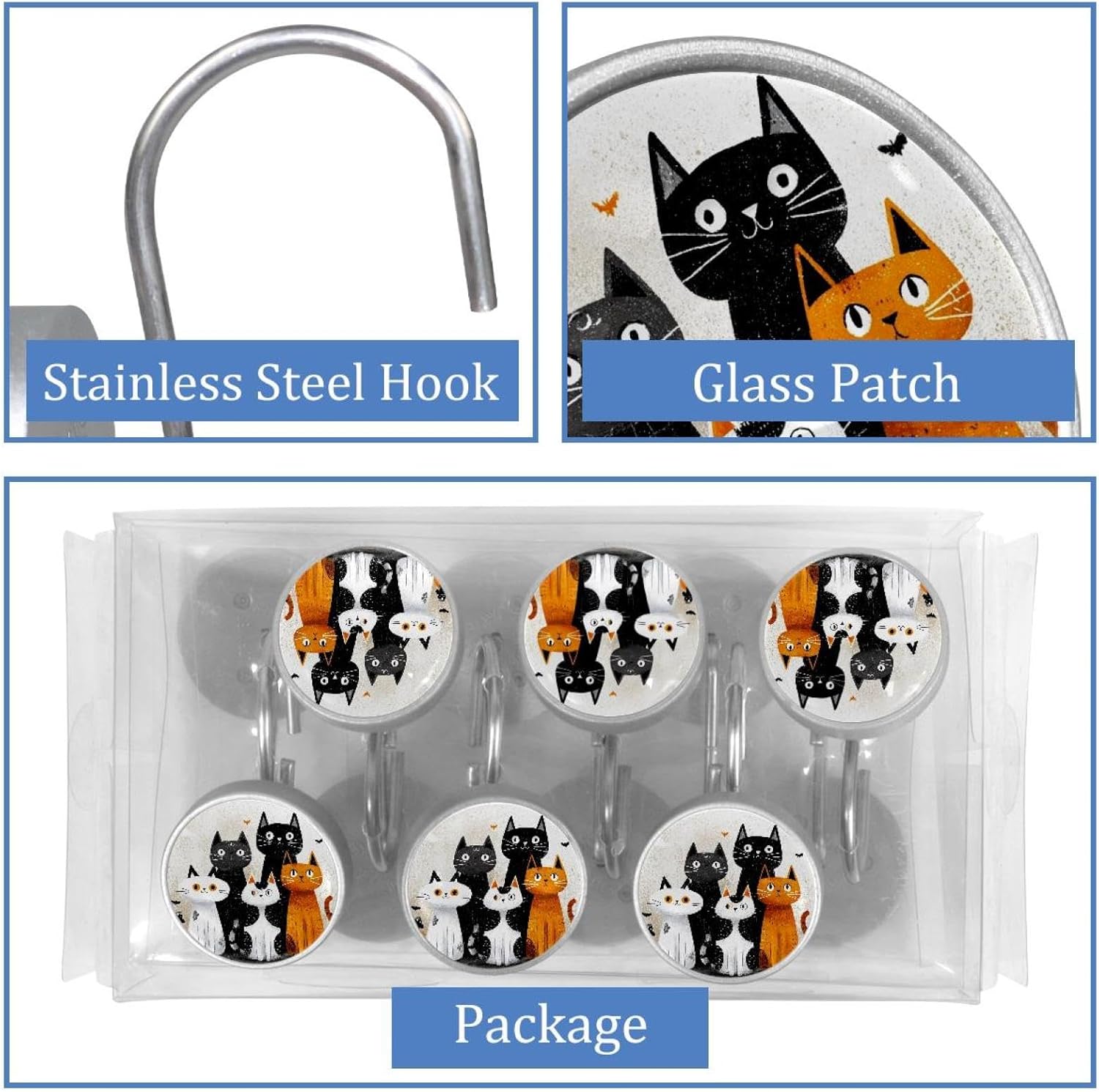 Halloween Cats (1) Rolling Shower Curtain Hooks,Clear Crystal Glass Art Decorative Stainless Bath Bathroom Set 12 Pcs