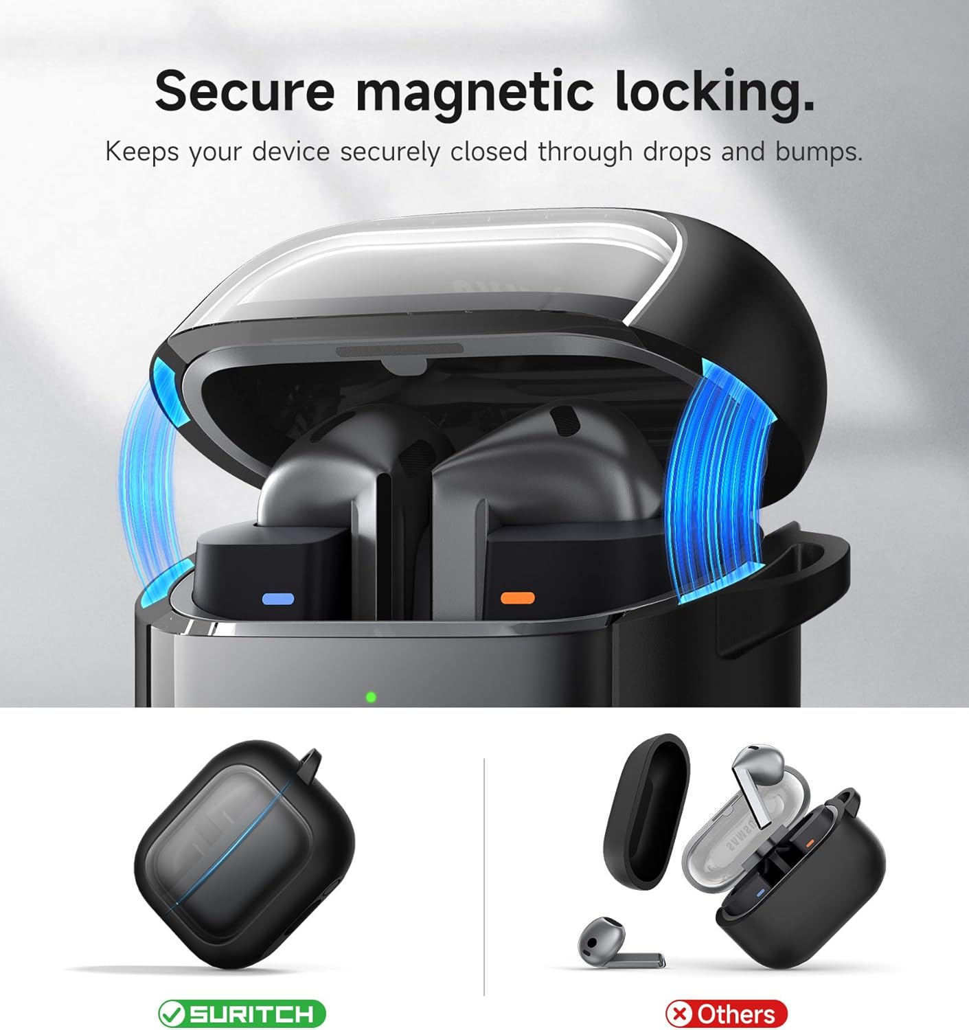 SURITCH for Samsung Galaxy Buds 3 Pro (2024) / Buds 3 (2024) / Buds3 FE (2025) Case, Magnetic Bumper Cases, Rugged Shockproof Protective Covers with Carabiner & Cleaning Kit & Removal Tool, Black - Image 3