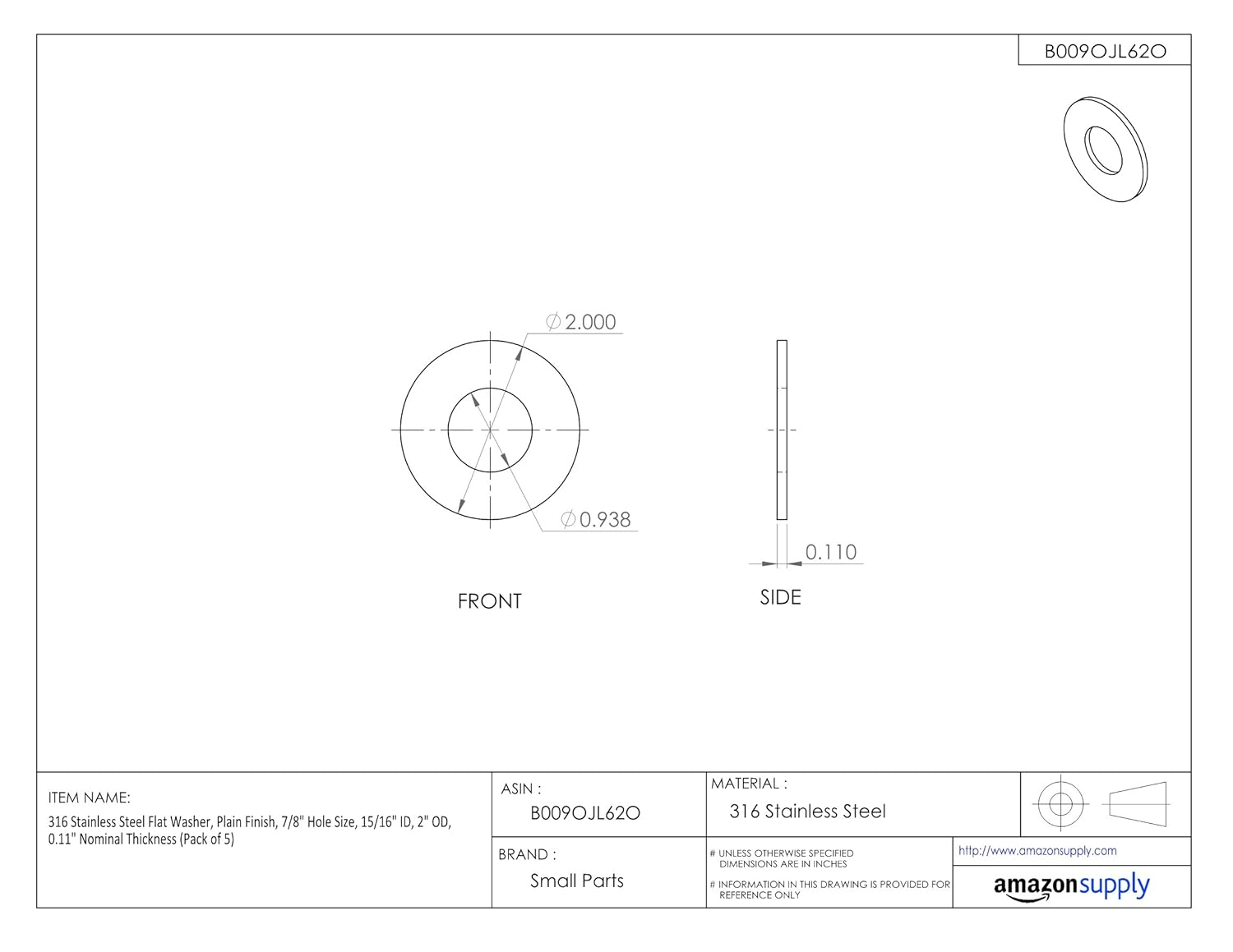 Small Parts 316 Stainless Steel Flat Washer, Plain Finish, 1" Hole Size, 1-1/16" ID, 2" OD, 0.125" Nominal Thickness (Pack of 5)