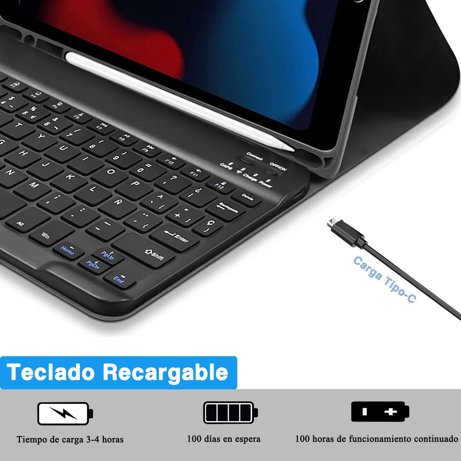 Funda con Teclado iPad 9a generación, Funda Teclado para iPad 10.2 Pulgadas(iPad 9th/ 8th/ 7th), Desmontable Teclado Español Ñ para iPad 9ª Gen / 8ª Gen / 7ª Gen/iPad Air 3/ iPad Pro 10.5, Negro
