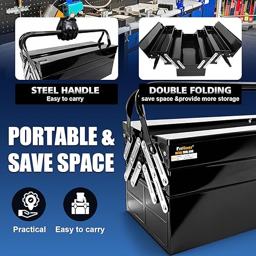 Miniatura 5 de Caja de Herramientas Cantilever de Metal, Caja de Herramientas de Acero Plegable de 3 Niveles 5 Bandejas con Asa, Caja de Almacenamiento de