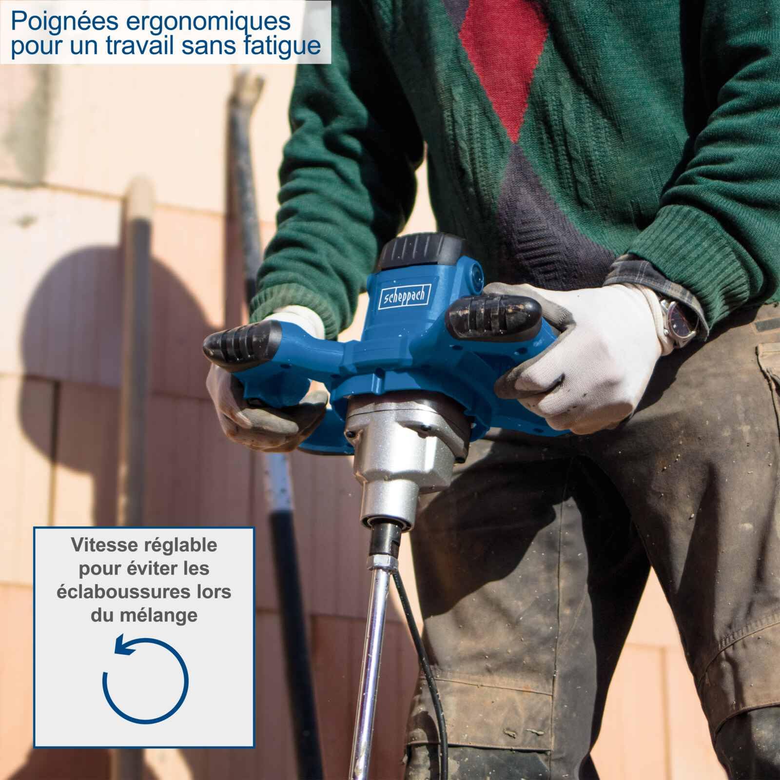 Scheppach Malaxeur PM1400 | Mélangeur à main | Puissance 1400W | Emmanchement M14 | 700 min-1 | 2 vitesses | Poignées ergonomiques | Turbines incluses | Idéal pour peinture, mortier et crépis
