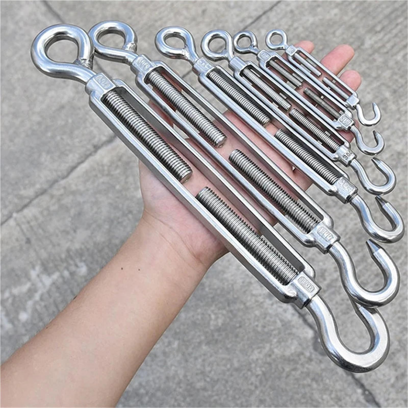 Juego de 5 tensores cable acero inoxidable con gancho y ojo, tensor ajustable for jardín M4 M5 M6 M8 Para Vallas De Jardín Y Soporte(Silver 1,M8)