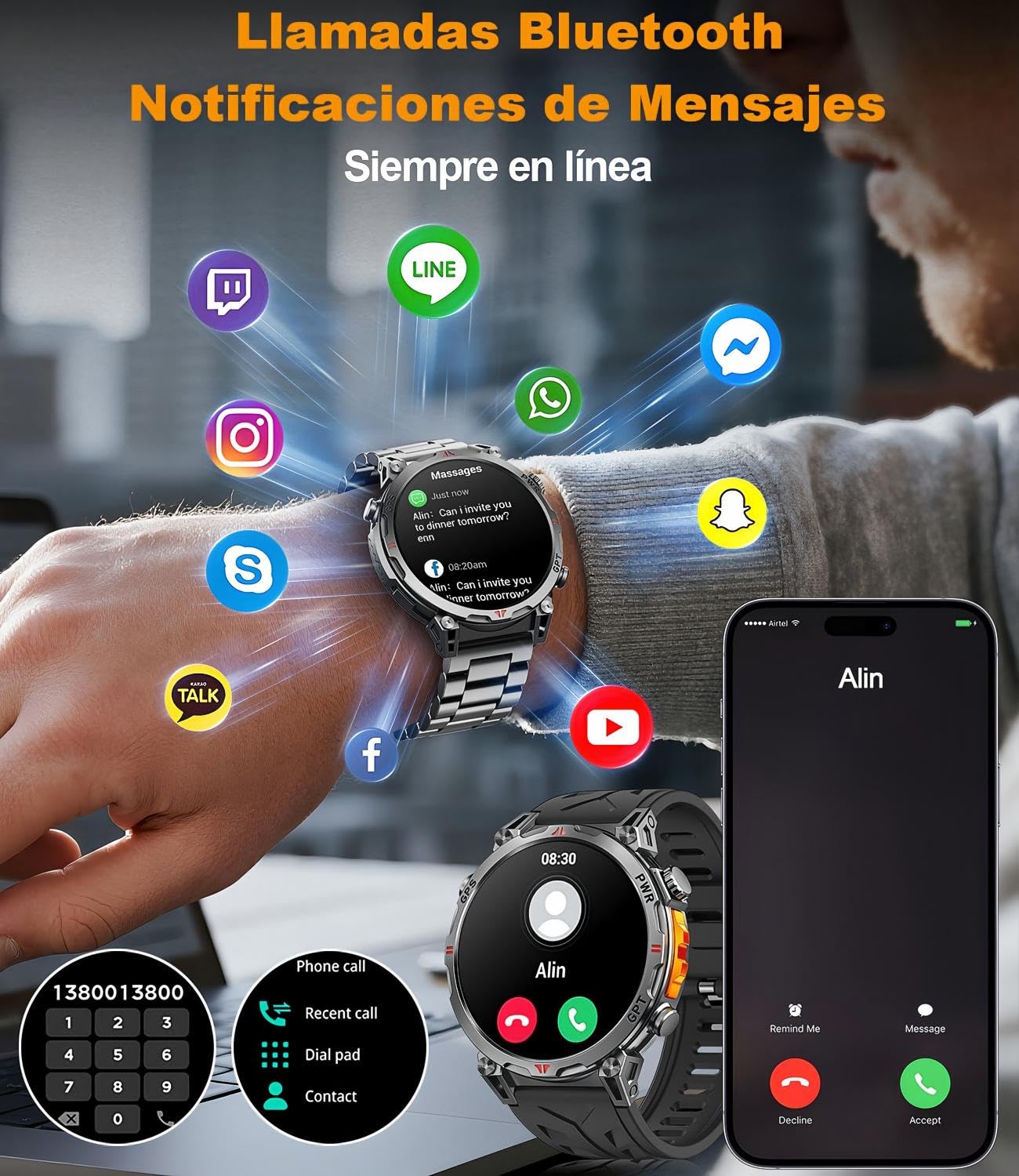 Reloj Inteligente Hombre, GPS Integrado Militar Smartwatch AMOLED 1,56 Pulgadas con Llamadas Bluetooth, Brújula/Altitud, 100+ Modos Deporte, Cardíaco, Sueño iOS/Android
