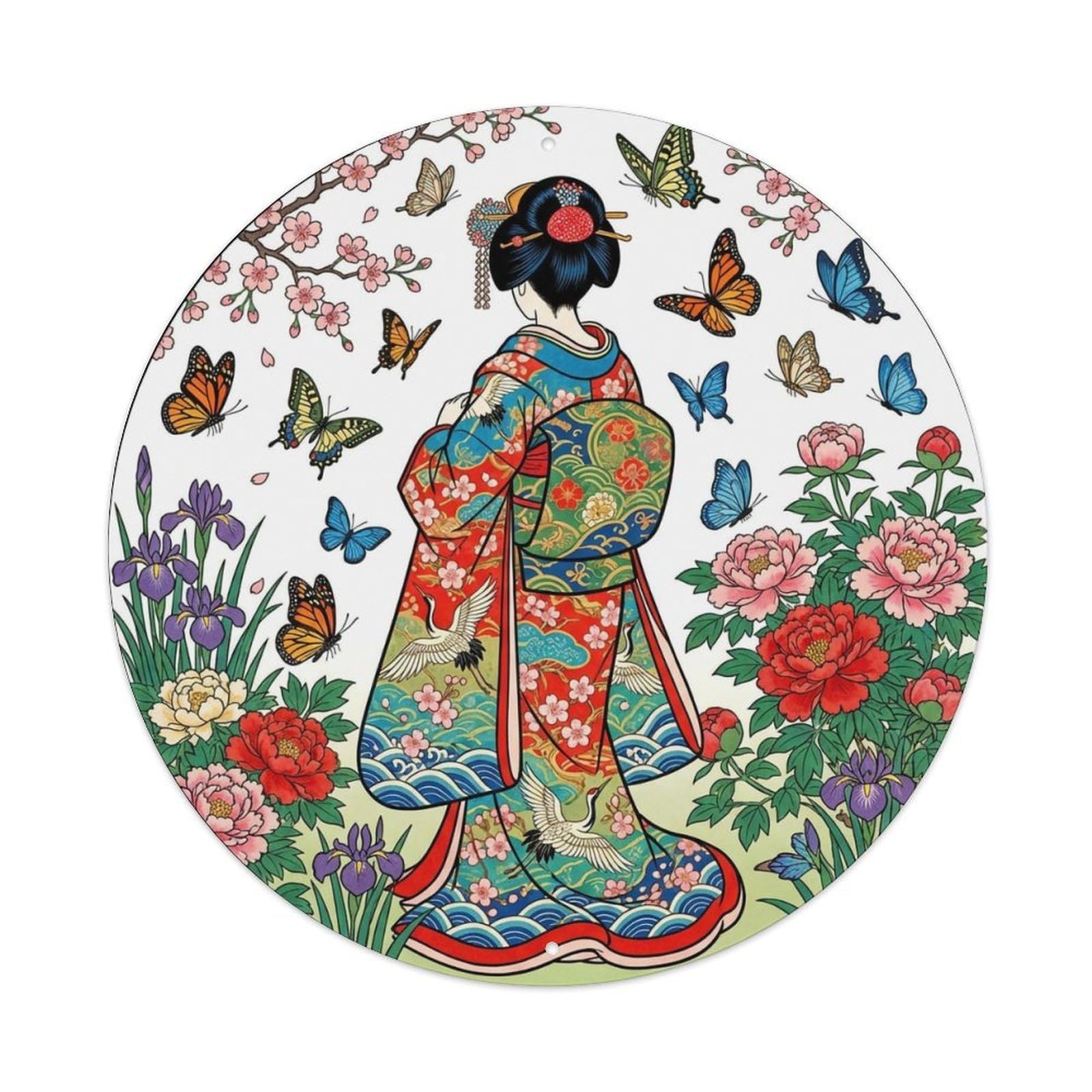 Japanese Geisha Butterflies Flower Garden Scenery Metal Tin Sign