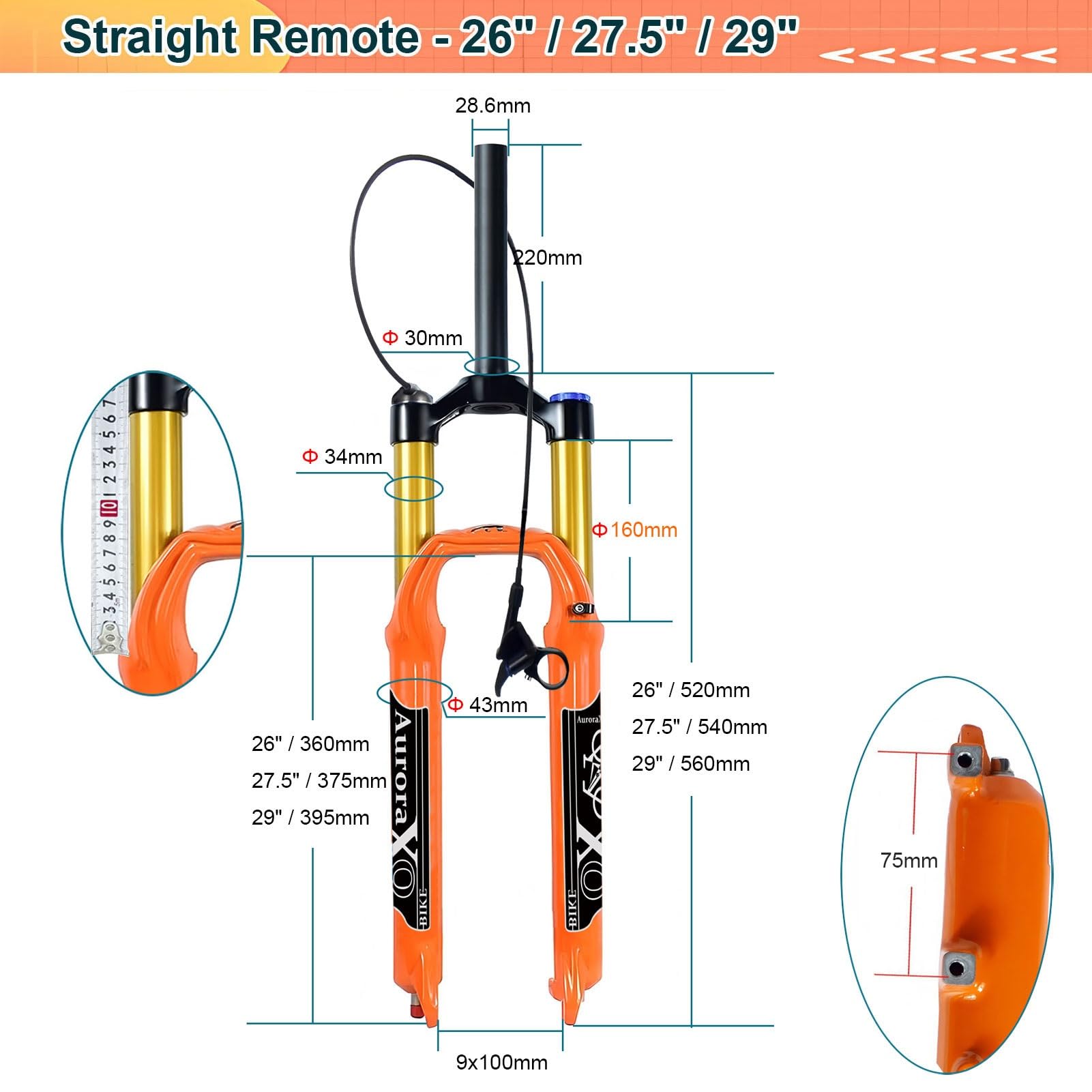 Forcella Anteriore AuroraXQ da 160 mm per Mountain Bike, 26/27,5/29 Pollici, Arancione, per MTB XC AM, Sospensione Dritta/conica per Pneumatici da 1,5-2,4".