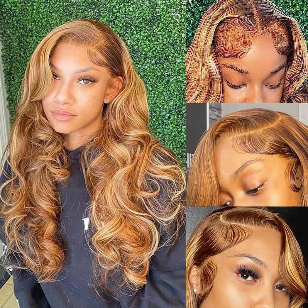 Ombre 4/27 Color Highlight 13X6 Tansparent Lace front Straight Wig Human Hair HD Lace frontal Wigs Pre Plucked with Baby Hair 180% Density Glueless Wigs for Black Women (22inch, Highlight body wig)