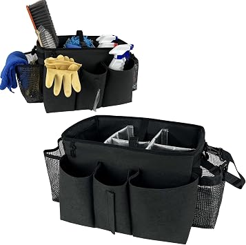 Large Cleaning Caddy Bag, Wearable Cleaning Supplies Organizer with Shoulder and Waist Straps, Multiple Compartments Tool Organizer with Detachable Divider for Cleaners Black