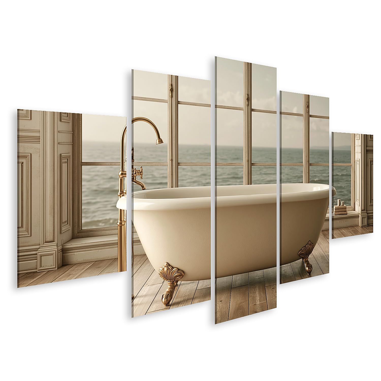 islandburner Cuadro sobre lienzo Bañera exclusiva con vista al mar mural baño para amantes de la relajación - 5 piezas