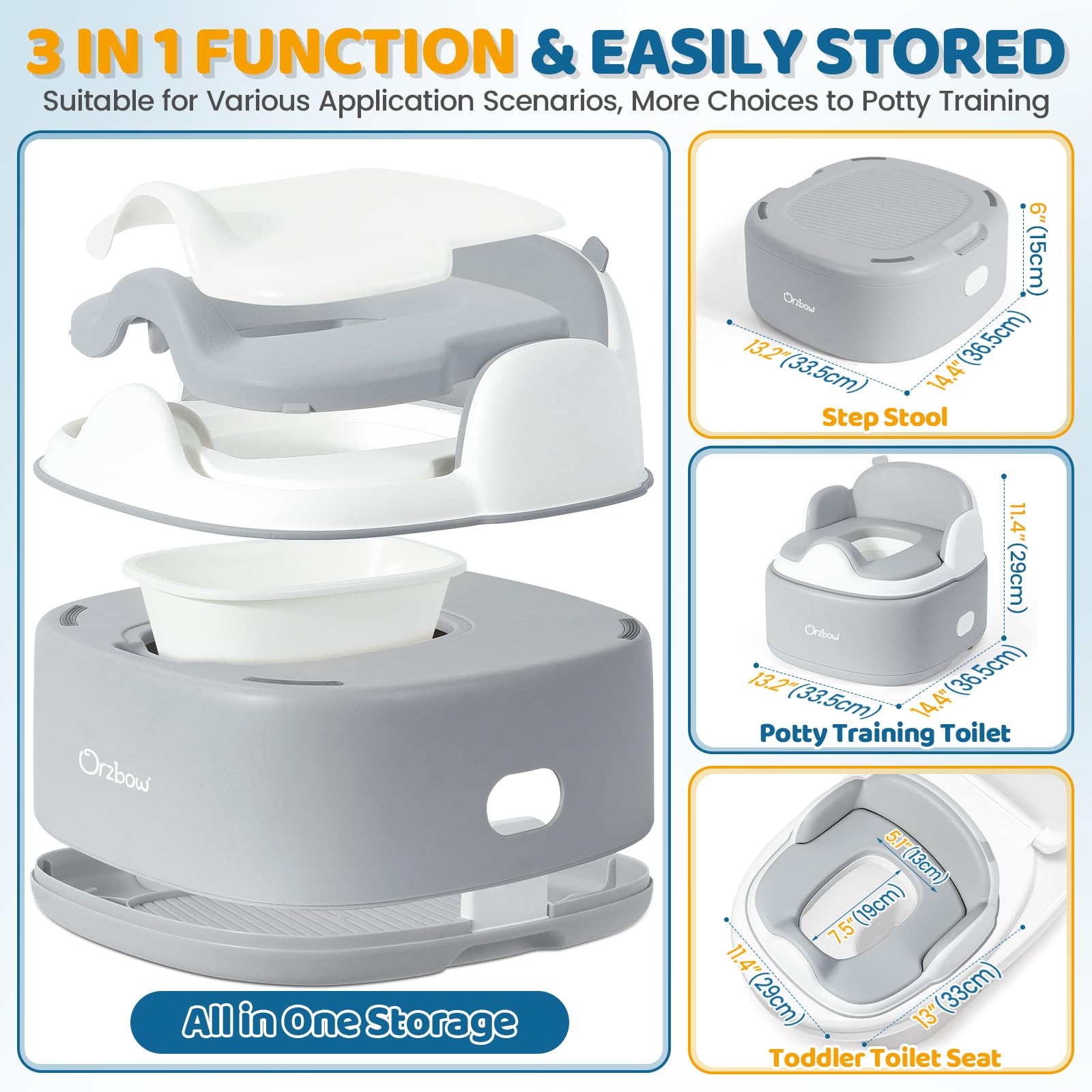 Orzbow Multifunzionale Vasino Bambini, 3 in 1 Riduttore WC Bambini con Sgabellino Bambini, Stivabile Riduttore Water Bambini, Design Minimalista,Facile da Pulire,Liscio e Senza Bave,Grigio