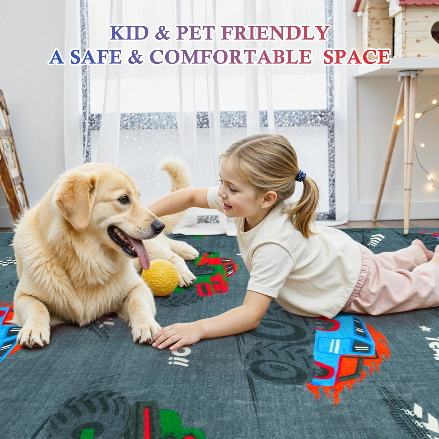 STARUIA Grey Cool Race Truck Car Rugs for Boys Room, Large 5x7 Washable Kids Rug for Bedroom, Soft Boys Play Rug Construction Carpet for Kids Room Playroom Living Room