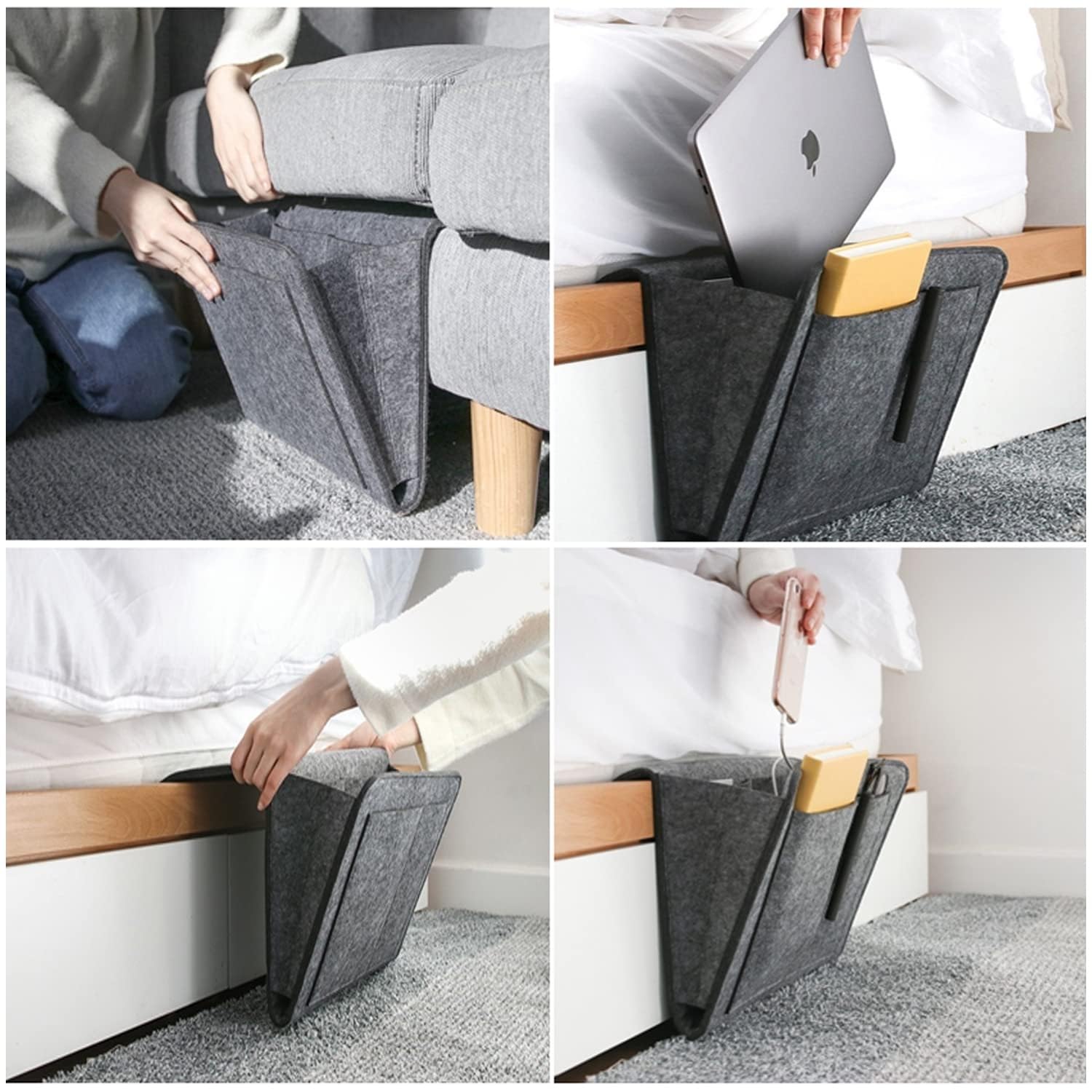 Homero Multipurpose Felt Bedside Storage Organizer Bag | Durable Felt Construction | Slide-Under or Hang on Bed Frame (Beige)