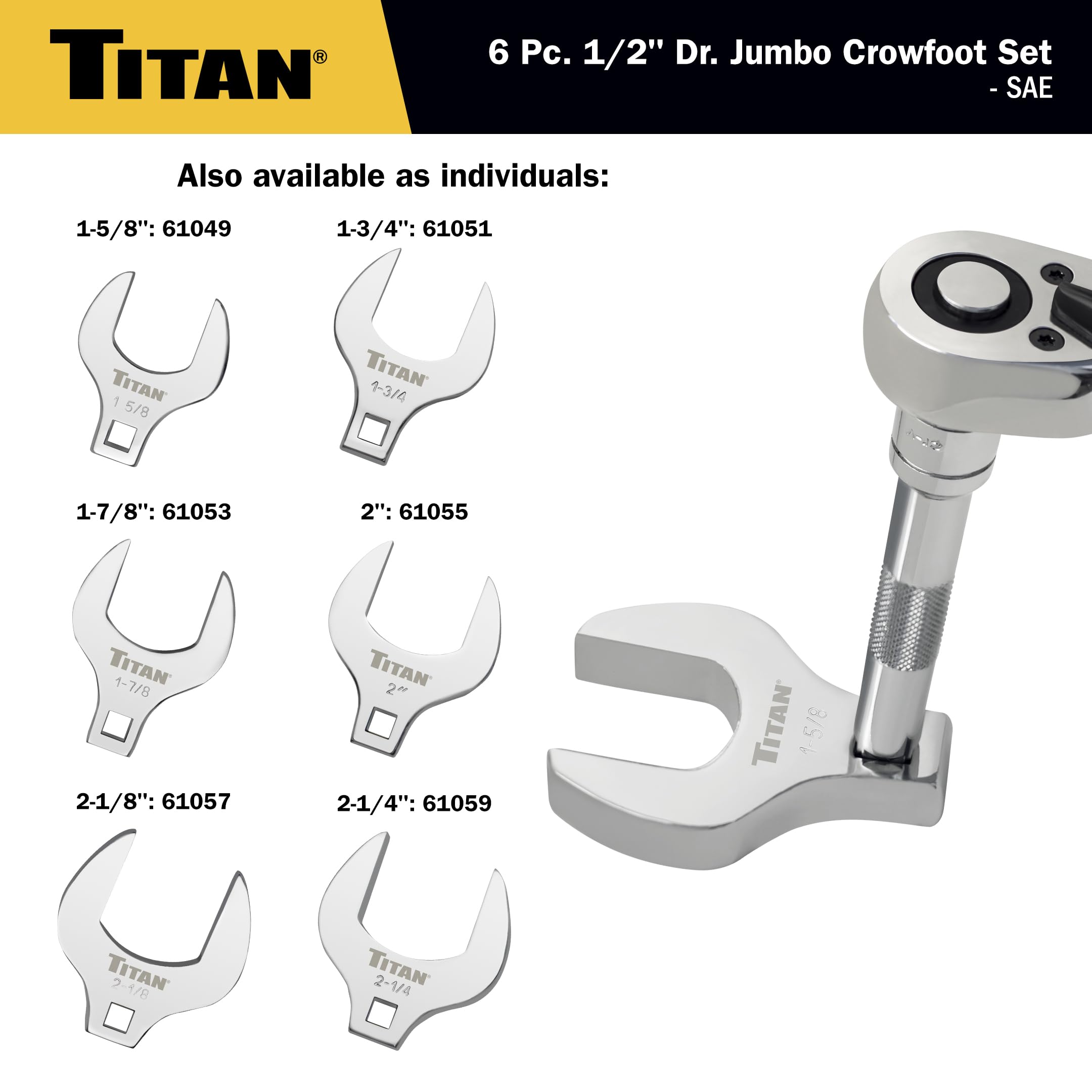 Titan 17676 Jeu de 6 clés à molette SAE Jumbo Crowfoot 1/2"