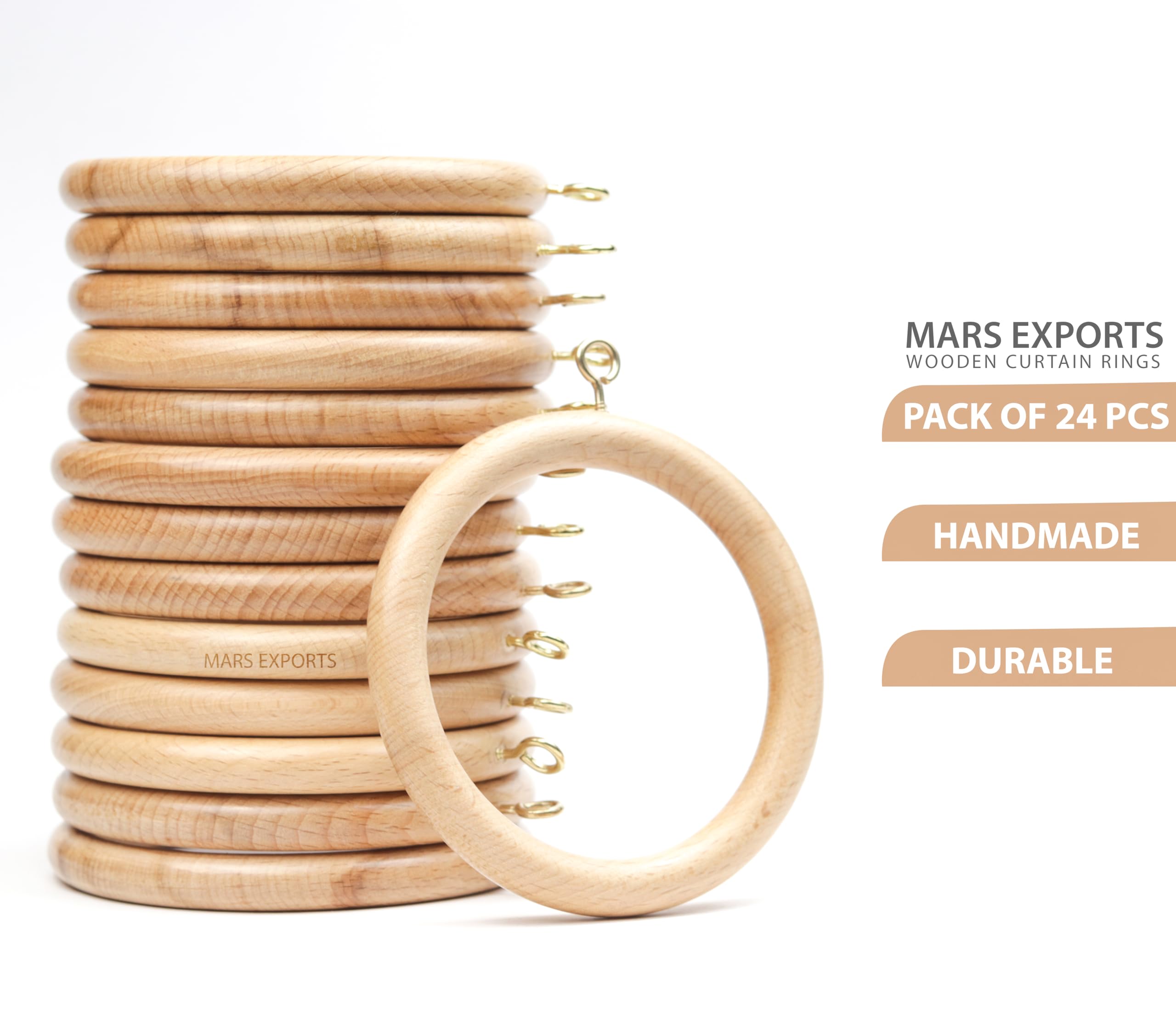 Handmade Wooden Drapery Rod Rings, Curtain Rod Rings, for 1-1.5 inch Curtain Rod Pole - Beech Wood (24, 2.7 INCH Inner Dia) - Image 2