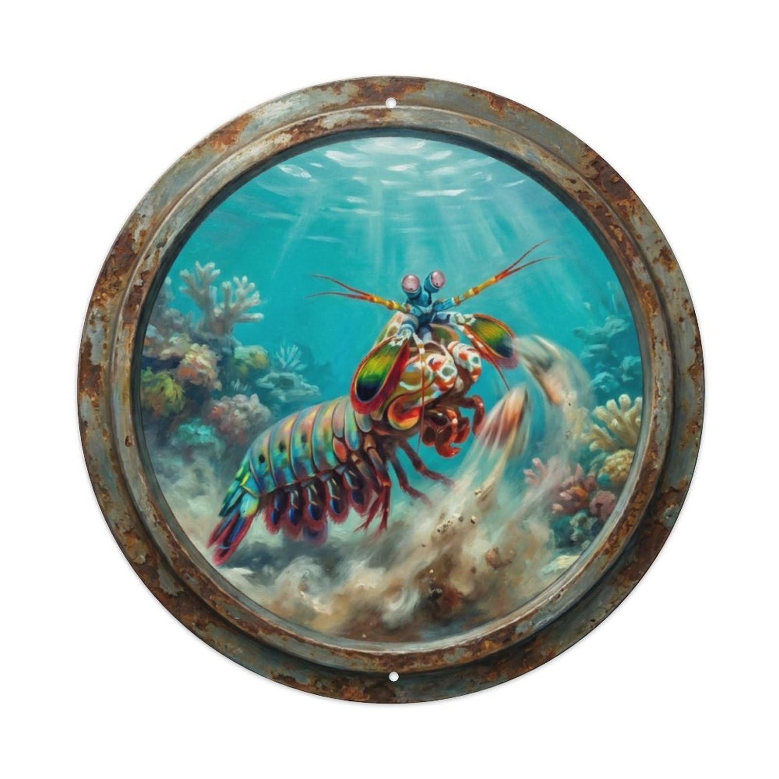 Vintage Porthole Mantis Shrimp Strike Ship Window Undersea Metal Tin Sign
