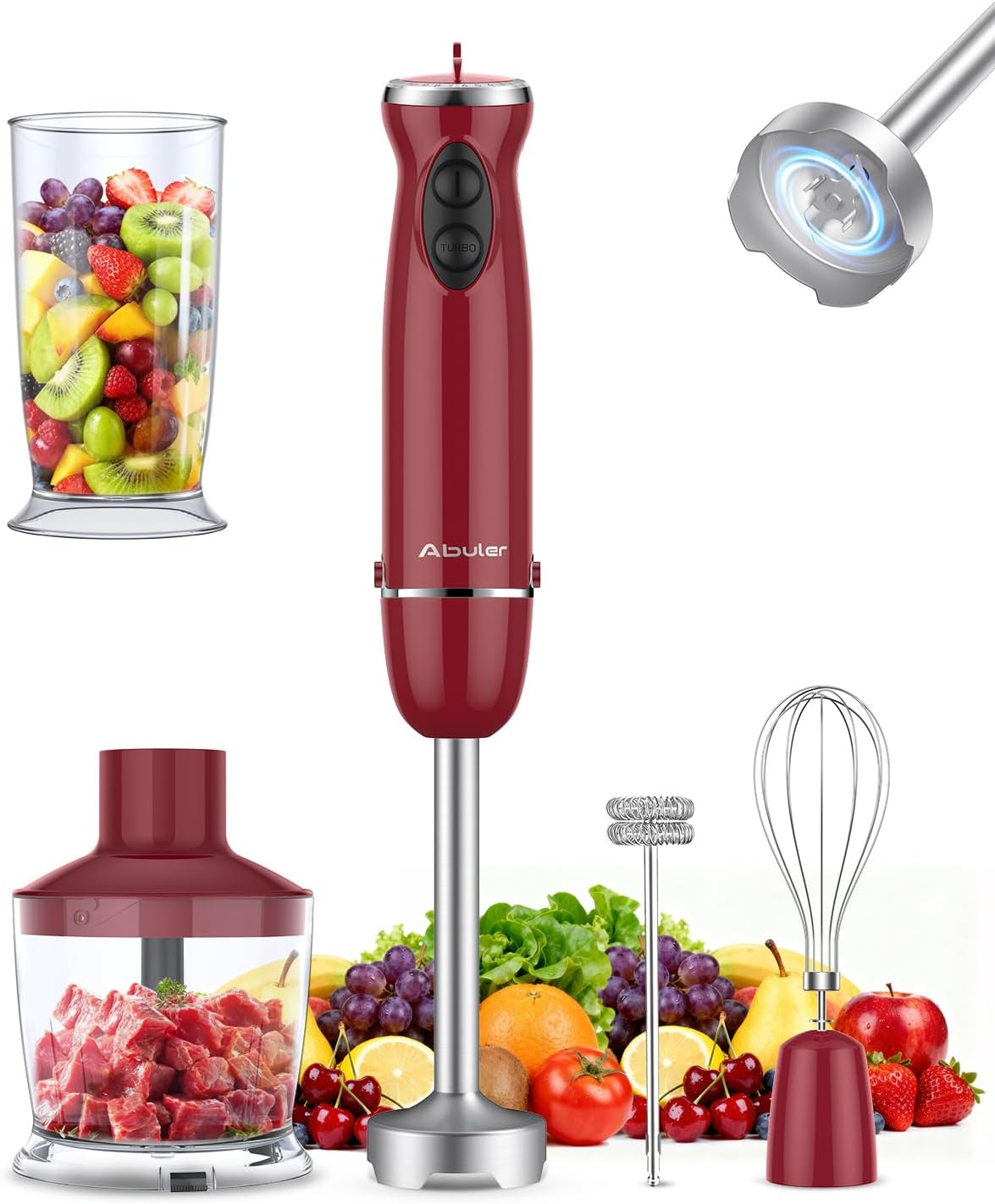 Immersion Blender 5 in 1 Hand Blender, Abuler 1000W Hand Mixer Stick,12 Speed Handheld Blender 304 Stainless Steel with 600ml Mixing Beaker, 500ml Chopper, Whisk and Milk Frother for Soup, Baby Food