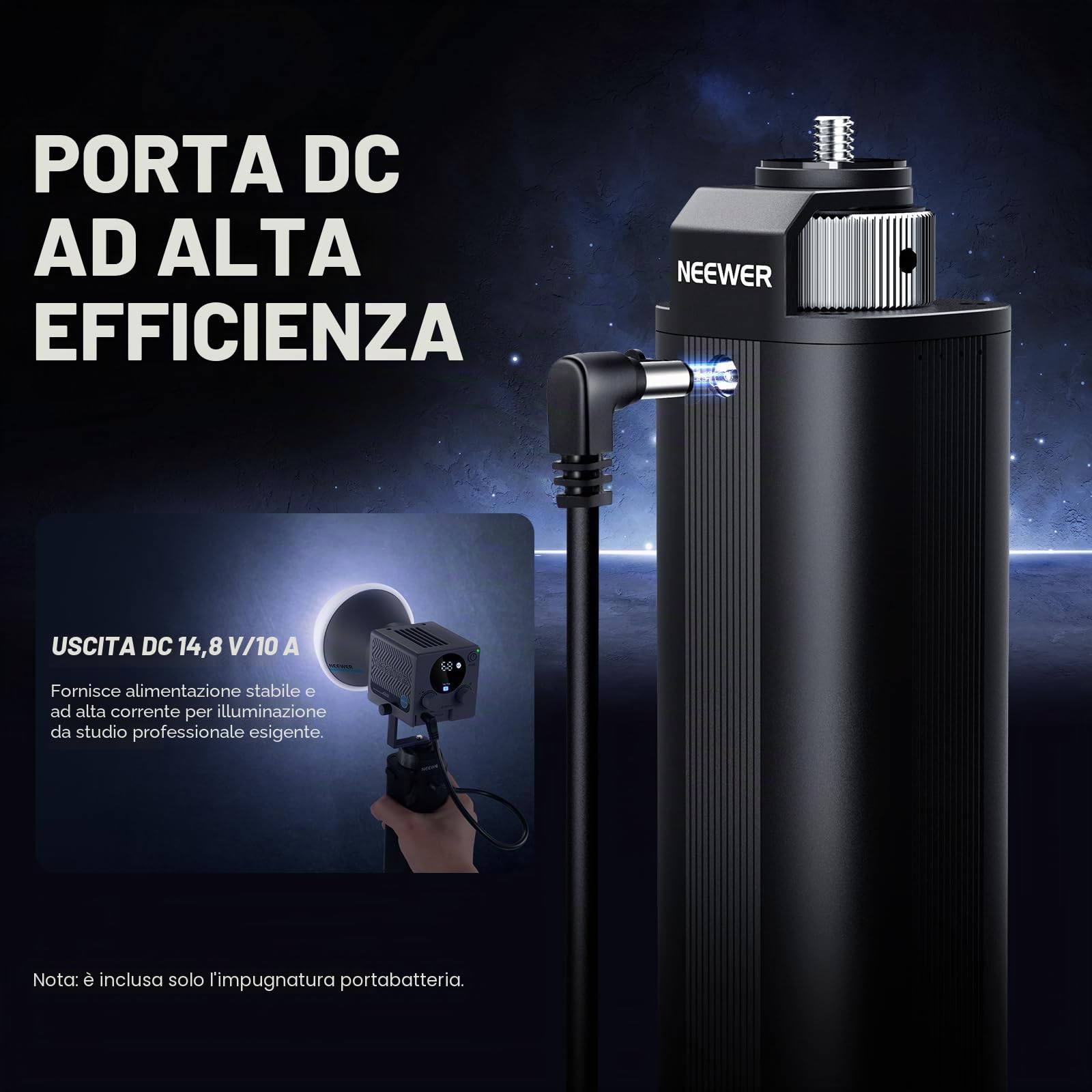 NEEWER BASICS Alimentatore Battery Grip per Luce Video COB Portatile HS60B, 5000mAh 74Wh Ricarica Rapida PD 100W Uscita DC 14.8V/10A, Supporto per Luce Fotografica Portatile per Video Esterno, PH74E