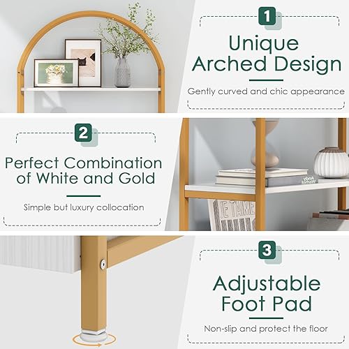 Miniatura 3 de Saudism Estantería arqueada, estantería dorada con almacenamiento de puertas, estante dorado de 71 pulgadas de alto con marco de metal resistente,