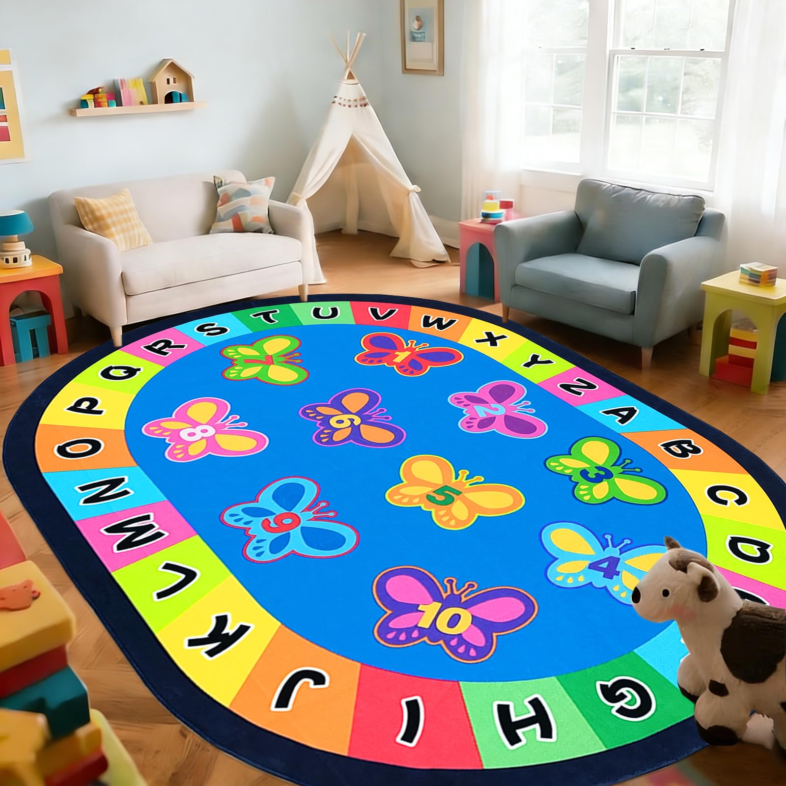 USTIDE Large Oval Kids Rug 6.5'X10'Light Weight Butterfly Area Rug ABC Classroom Carpet Non-Slip Floor Mat Oval for Bedroom Playroom — image 1