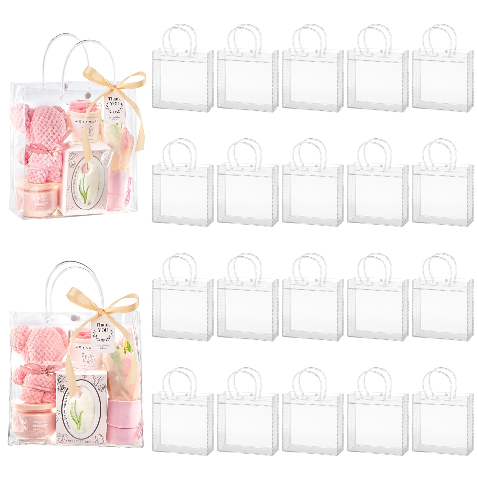 Photo 1 of ** dirt **Mauproy 20 Pack Clear Plastic Gift Bags with Handles, Party Favor Bags with Ribbons and Tags, Reusable Goodie Tote Bags for Graduation Wedding Baby Shower (9.6” x 9.6” x 3.3")