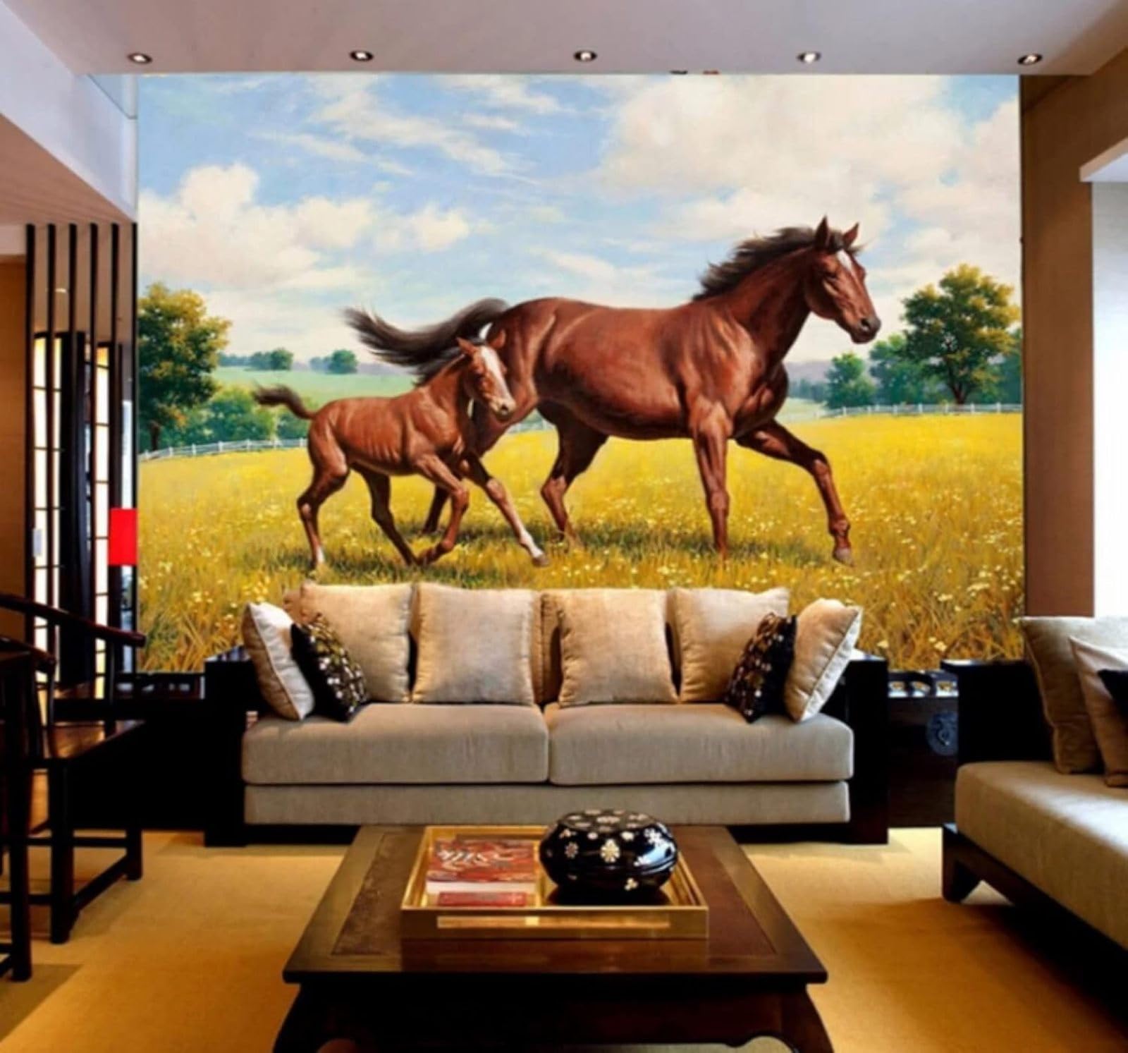 XLMING Three Dimensional Grassland Brown Horse Landscape 3D Wallpaper Luxury Silk Study Dining Feature Sofa Grey Bedroom Living Room Tv Decorative Wall-300cm×210cm