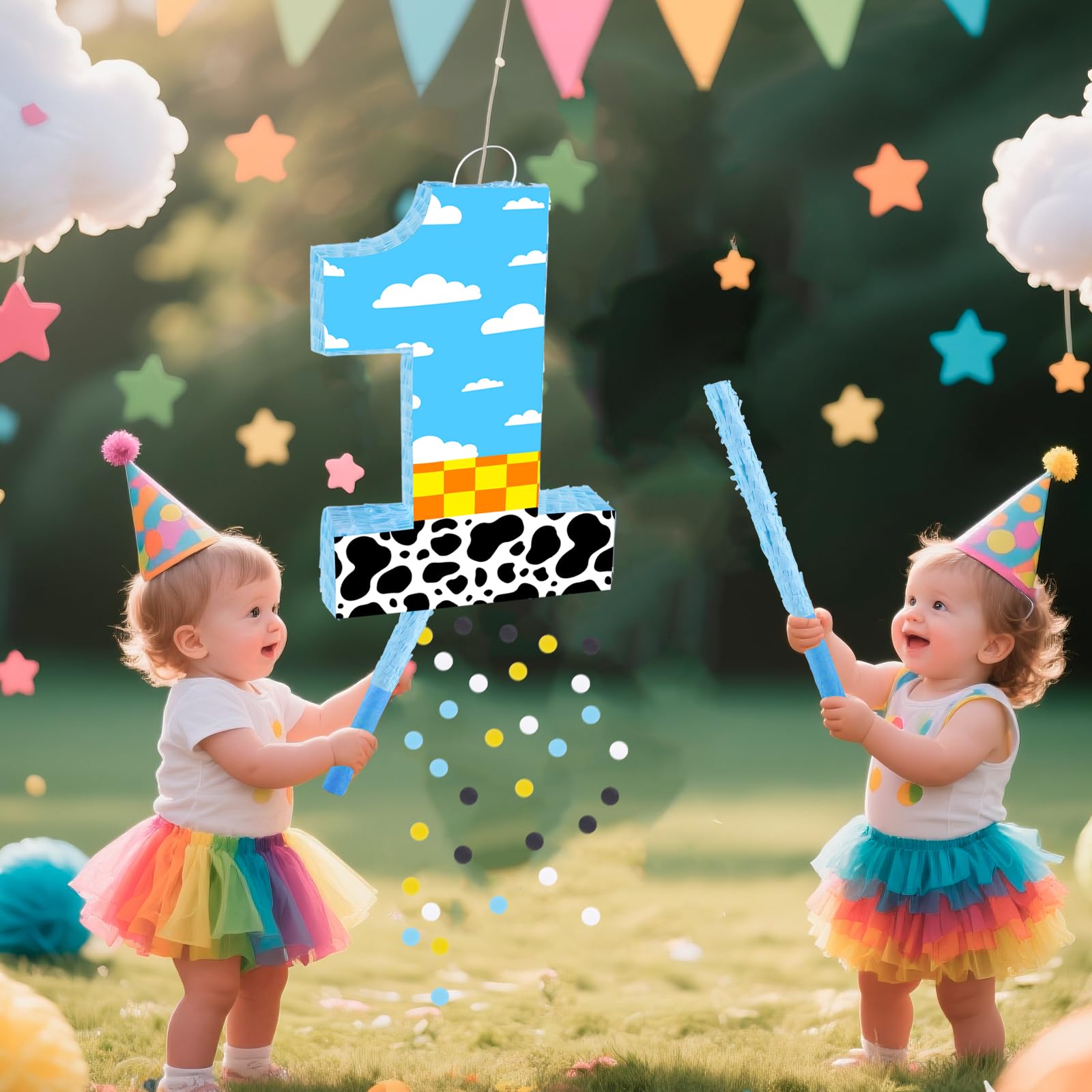 White Cloud Number 1 Pinata Kit With Stick & Blindfold – Perfect For 1st Birthday Party Decorations, Fun Game For Boys & Girls