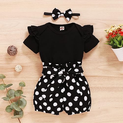 Miniatura 2 de Conjunto de bebé recién nacida con mangas con volantes, pantalones cortos con estampado de lunares, diadema con lazo, ropa de boutique