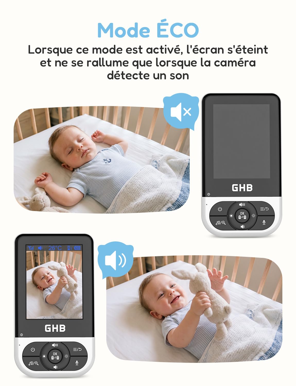 GHB Babyphone Camera Bebe Surveillance sans WiFi VOX Vision Nocturne Noir