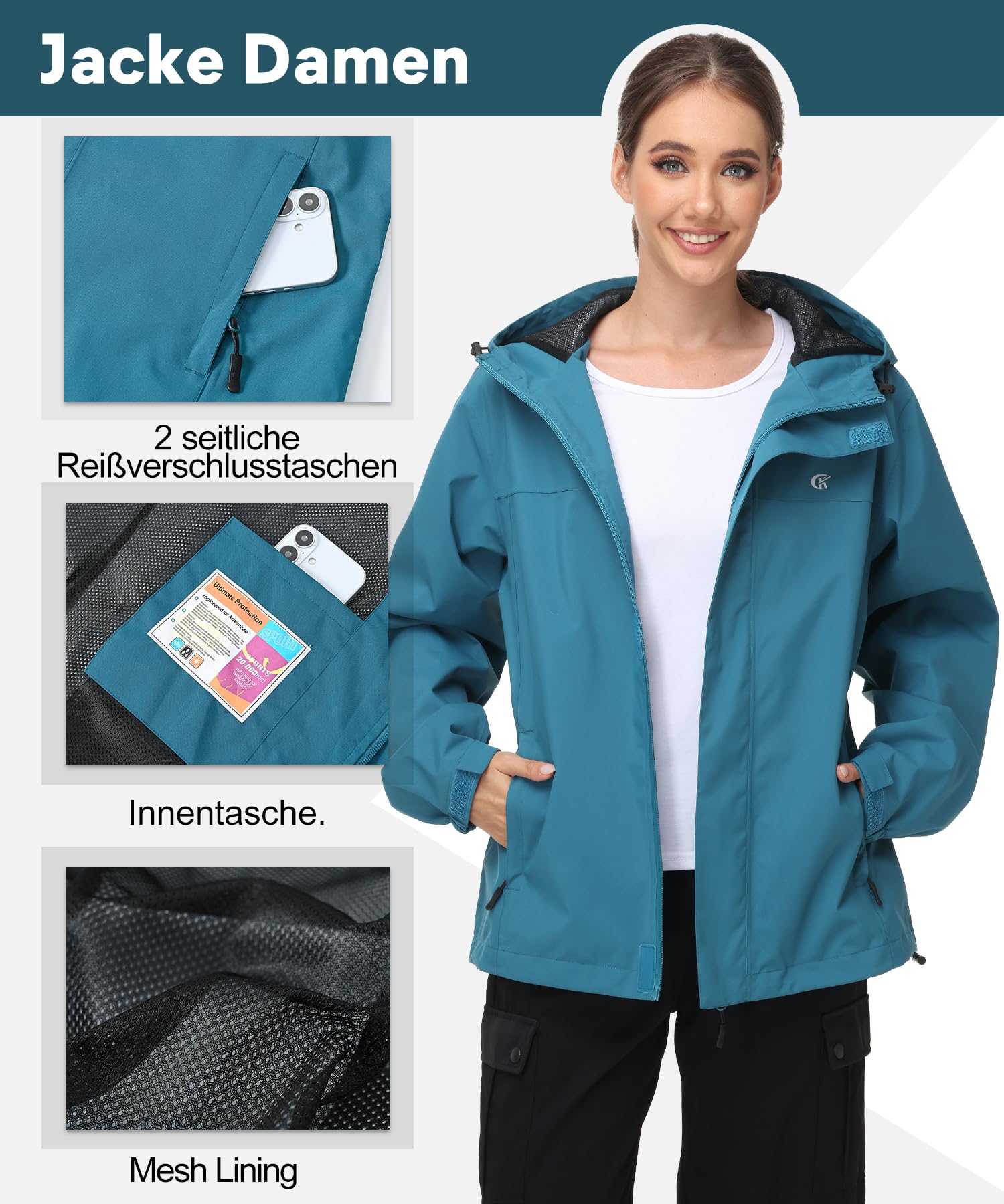 Huayuzh Chaqueta softshell para mujer, impermeable, transpirable, chaqueta de entretiempo, cortavientos, chaqueta de lluvia, chaqueta de senderismo, senderismo, correr, azul lago, M