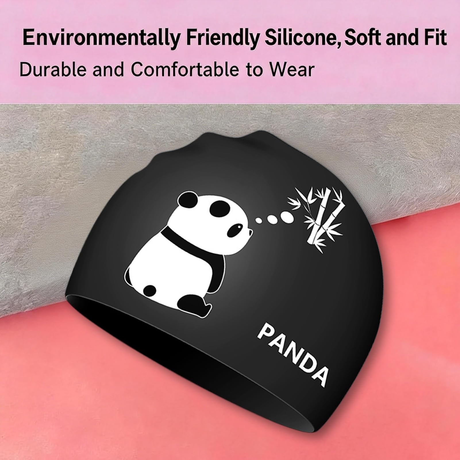 Gorro de natación para mujer y hombre con diseño de panda, gorro de baño de silicona impermeable blanco, gorro de natación para mujer para pelo corto/largo, entrenamiento profesional y competición