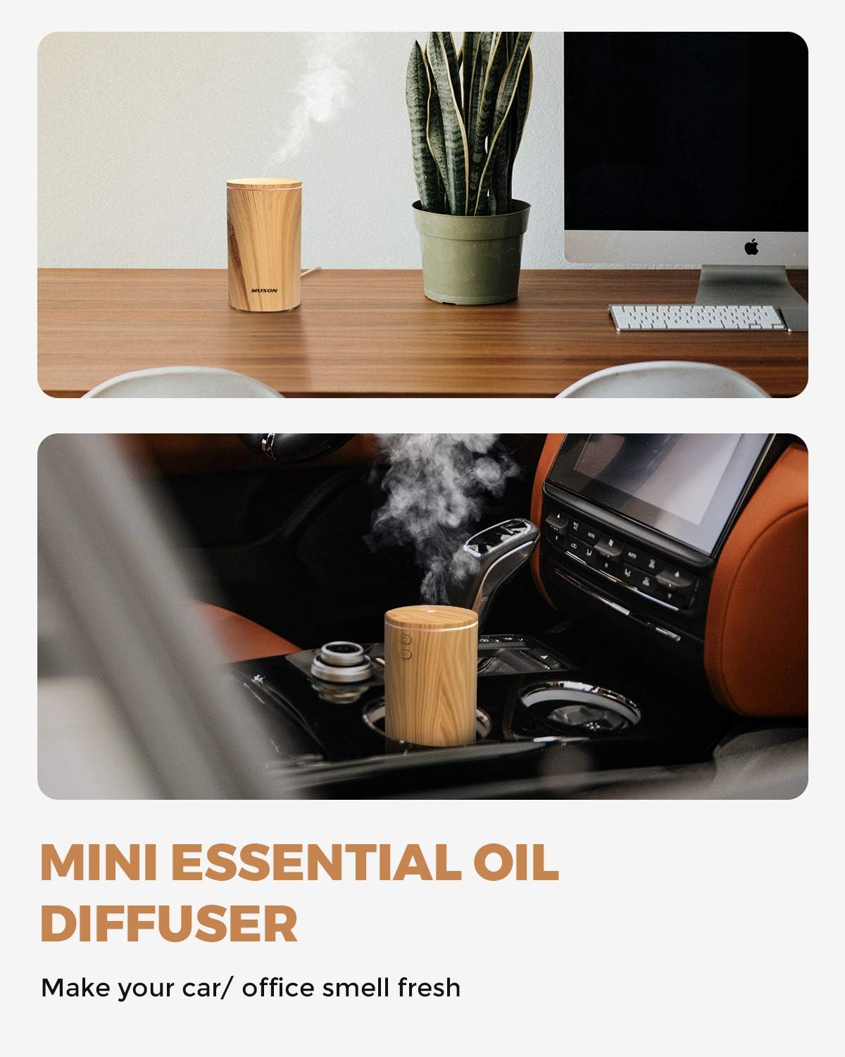 muson Mini Essential Oil Diffuser Aroma Cool Mist Humidifier for Car Office Travel with Colorful Mood Lights, USB Powered, Ultra Quiet, Auto Shutoff, 100 ml, Wood Grain