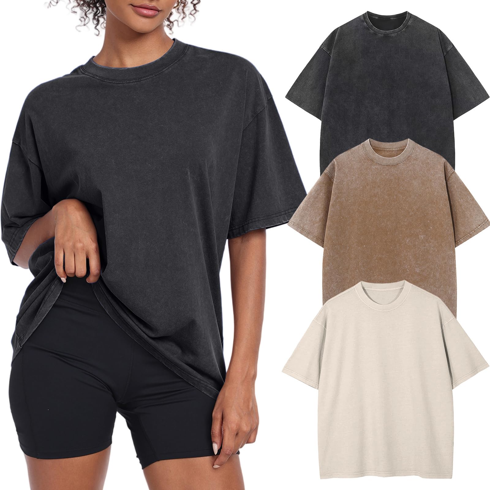 Womens Vintage Oversized T Shirts Acid Washed Baggy Cotton Tee
