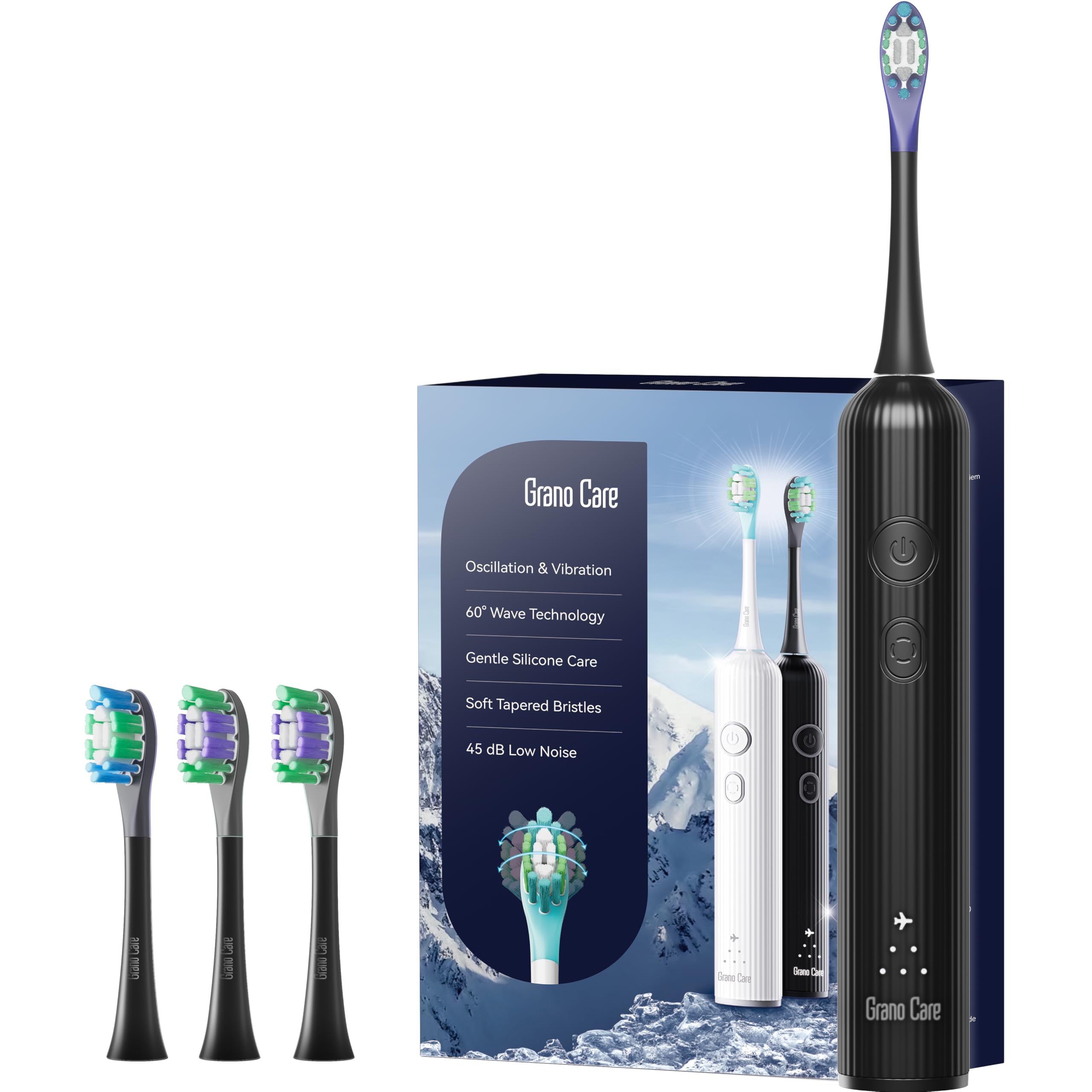 Spazzolino elettrico sonico con oscillazione e vibrazione, per adulti, con 4 testine con setole Dupont, impermeabile IPX7, ricaricabile tramite USB, alimentato da viaggio (ABS nero)