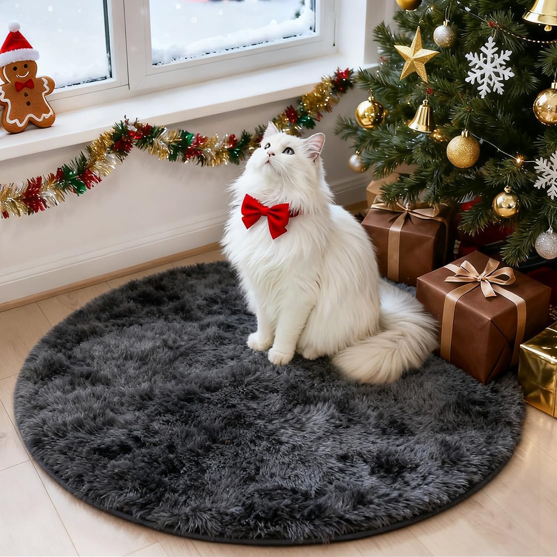 OLANLY Deep Grey Tie-dye Round Rugs for Bedroom - Machine Washable, 5x5 Feet Circle Area Rugs for Living Room, Soft and Fluffy Shaggy Carpet for Teen Girls and Boys, Dorms, Home Decor Aesthetic