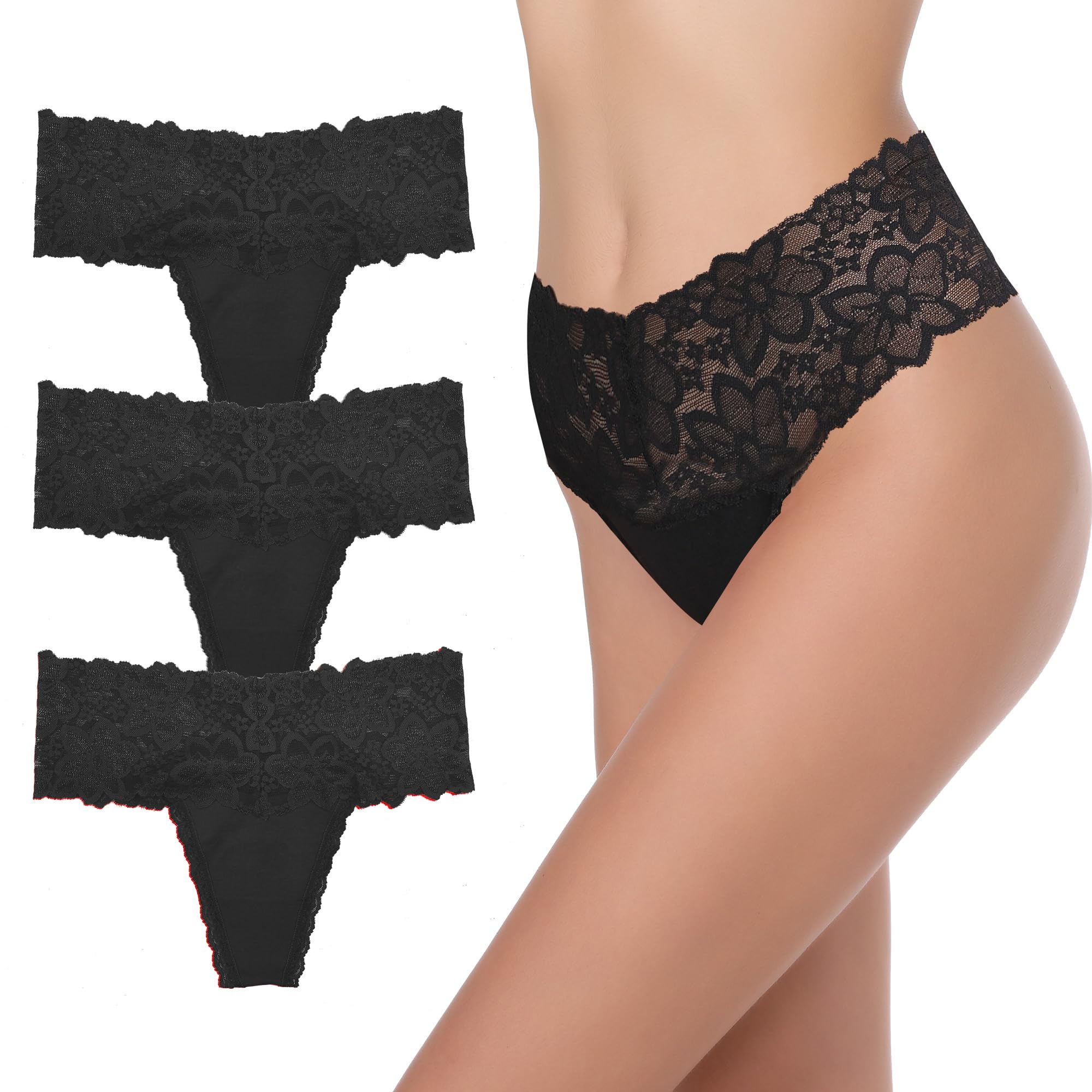GAREDOB High Waisted Thong Underwear Tummy Control Panties Cotton Lace Thongs Size S-4XL