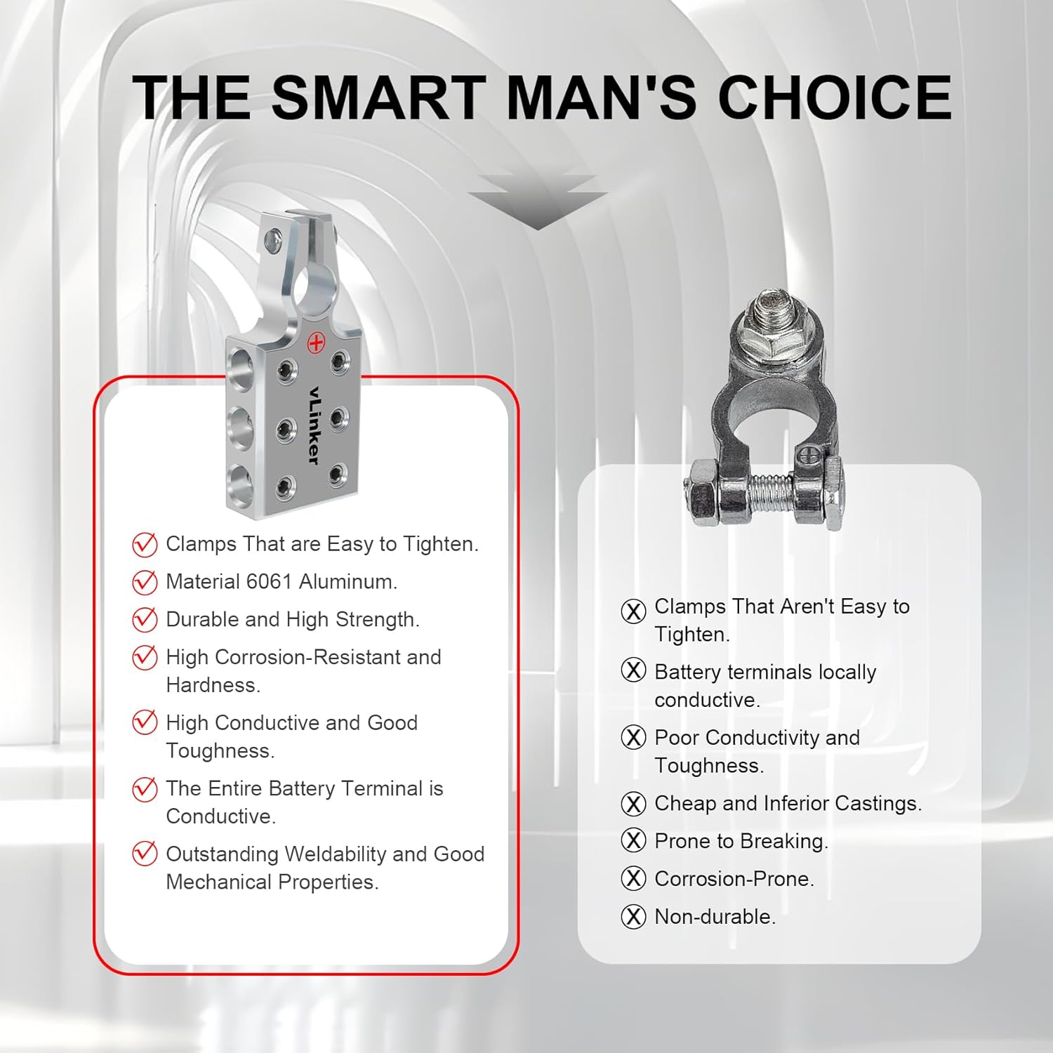 VGATE vLinker 6x1/0 Gauge AWG Lead-Acid Battery Terminals Clamp, 6061 Aluminum Battery Terminal Positive (+) Negative (-) Set, for SAE/DIN/EN Tapered Top Post, 6-Way Battery Connectors