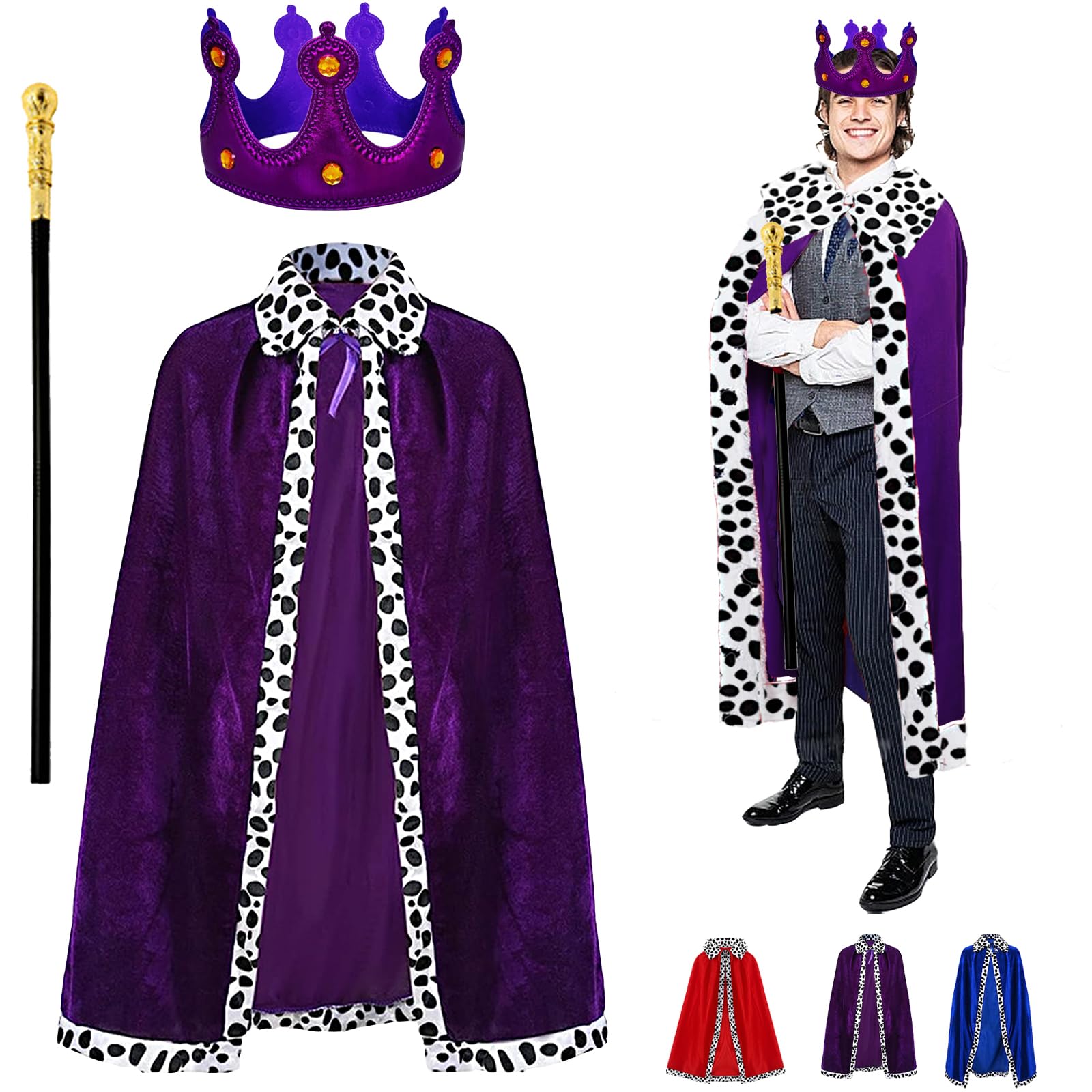 YOUYIKE Disfraz Rey Adultos, 3 pcs Disfraz Medieval Adulto, Capa Real con Corona y Cetro, Disfraz de Terciopelo Capa real para Halloween, Navidad, carnaval, juego de rol, para hombres y mujeres