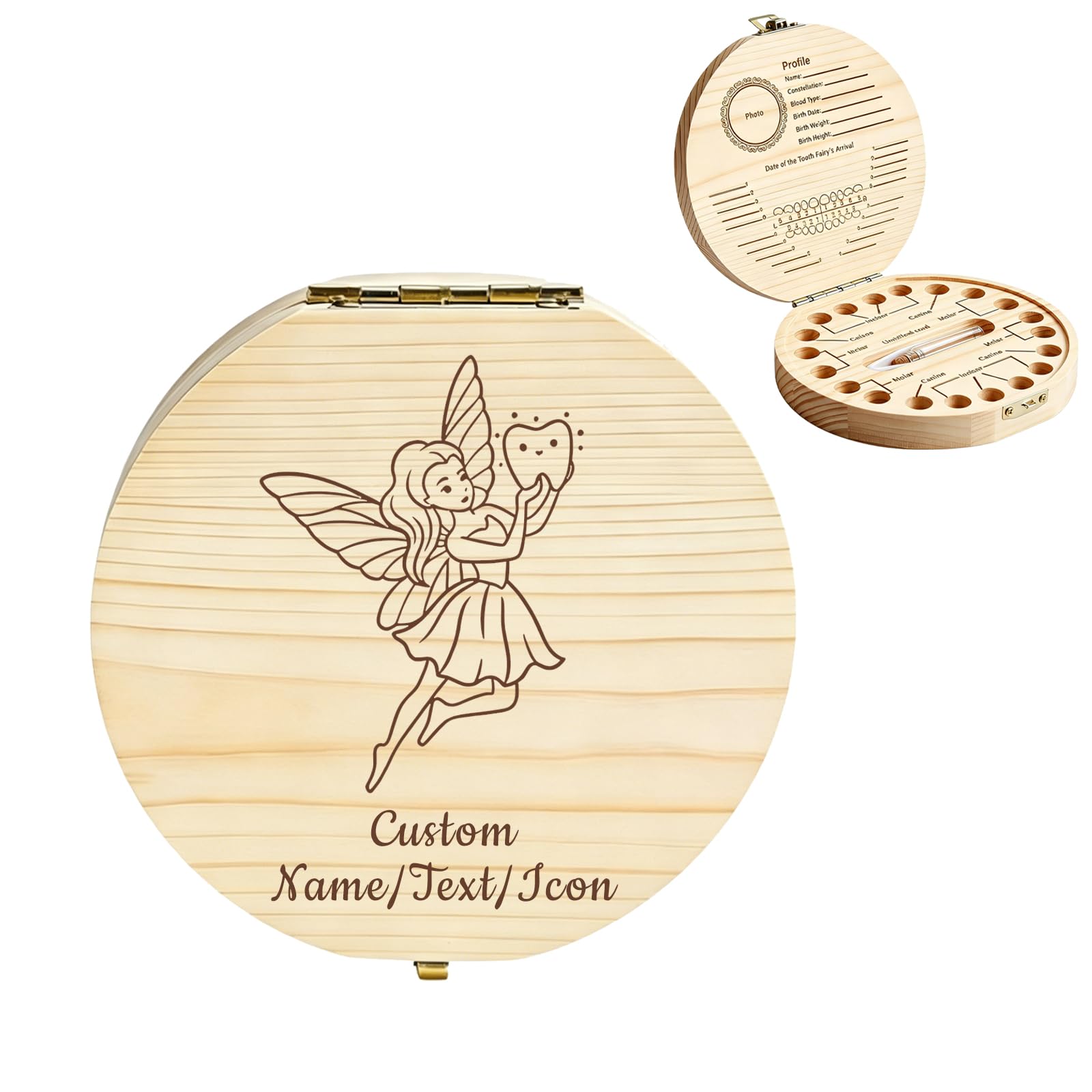 ZFN Personalised Wooden Tooth Fairy Box with Name Custom Teeth and Umbilical Cord Keepsake Storage Organiser Unique Newborn Full Moon Birthday Gift for Boys Girls (Personalised Tooth Fairy Box)
