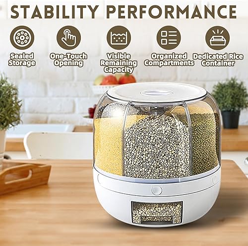 Miniatura 2 de Dispensador de contenedores de almacenamiento de granos, dispensador de arroz giratorio de 6 rejillas, dispensador de alimentos giratorio de 360,