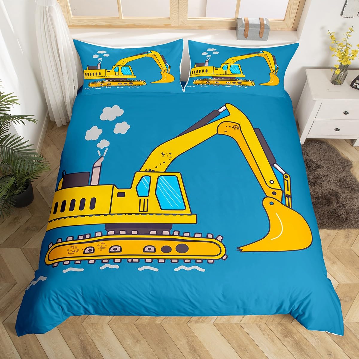 Erosebridal Excavator Bedding Set Cartoon Duvet Cover for Child Boys Girls Teens,Construction Comforter Cover Vehicles Quilt Cover Kids Car Theme Room Bedroom Decor Twin Size Yellow Blue