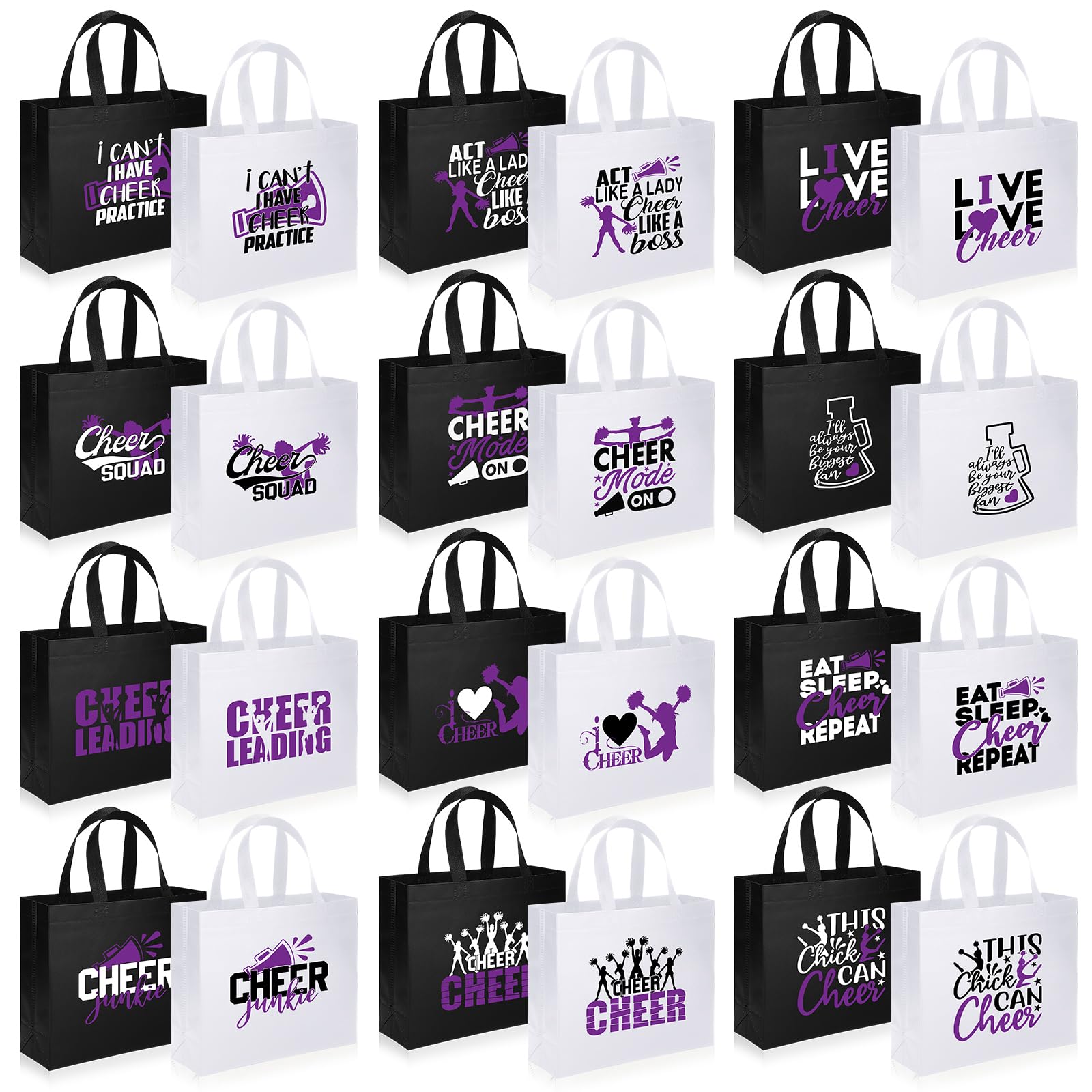 Bulyoou 24 Pcs Cheer Bags Cheerleader Gift Bulk Cheerleading Tote Non Woven Goodie Bag with Handles for Women(Purple Pattern)