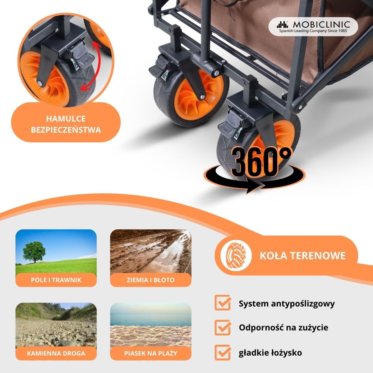 Mobiclinic®, Składany wózek transportowy, Na plażę i do ogrodu, Duna pro plus, Regulowana rączka, Duże 360º terenowe koł, Dodatkowe kieszenie, 100 kg, 94x56, 5x61cm, Wodoodporny, Czerwony